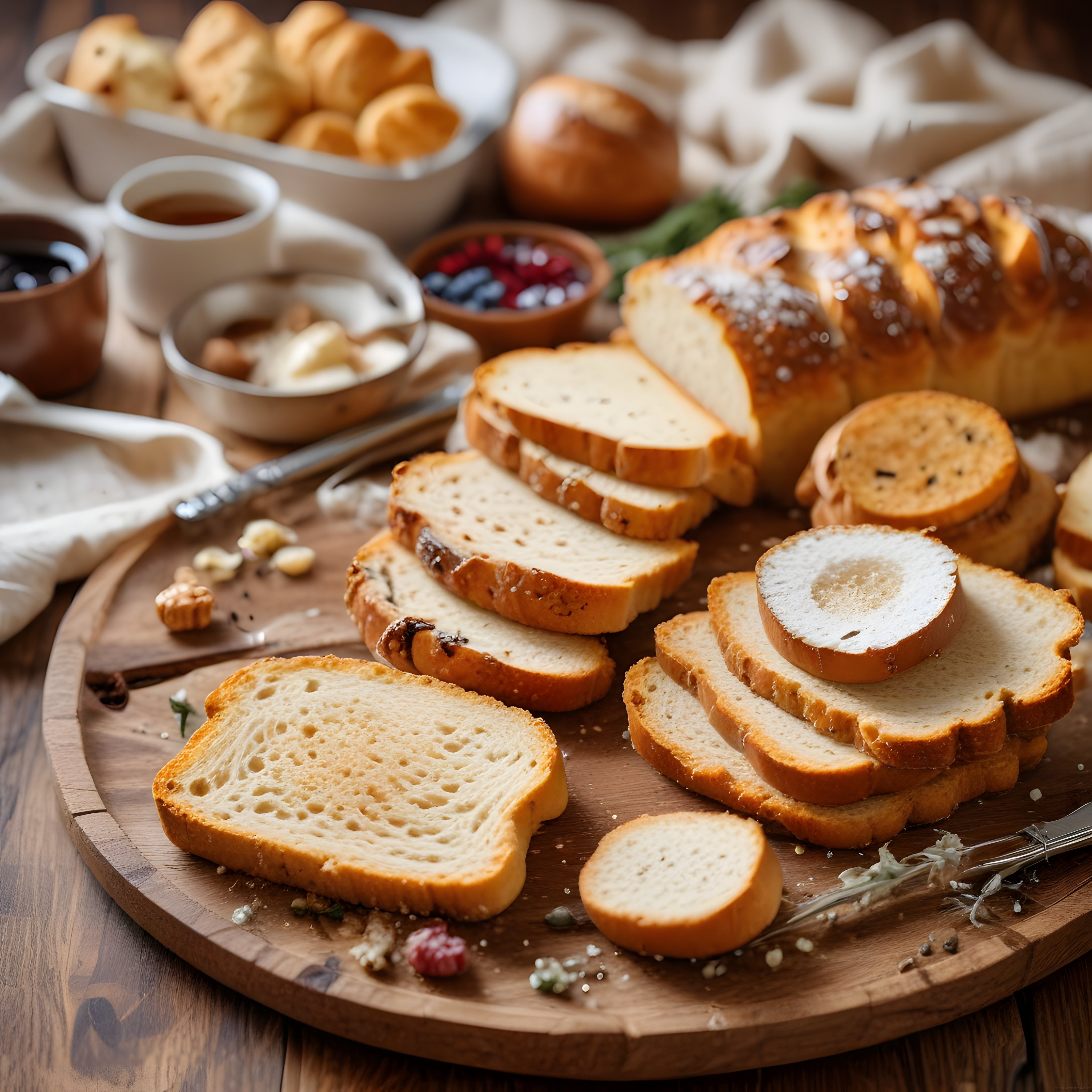 Ahşap Sunum Tahtasında Taze Dilimlenmiş Ekmek ve Kahvaltılık Çeşitler