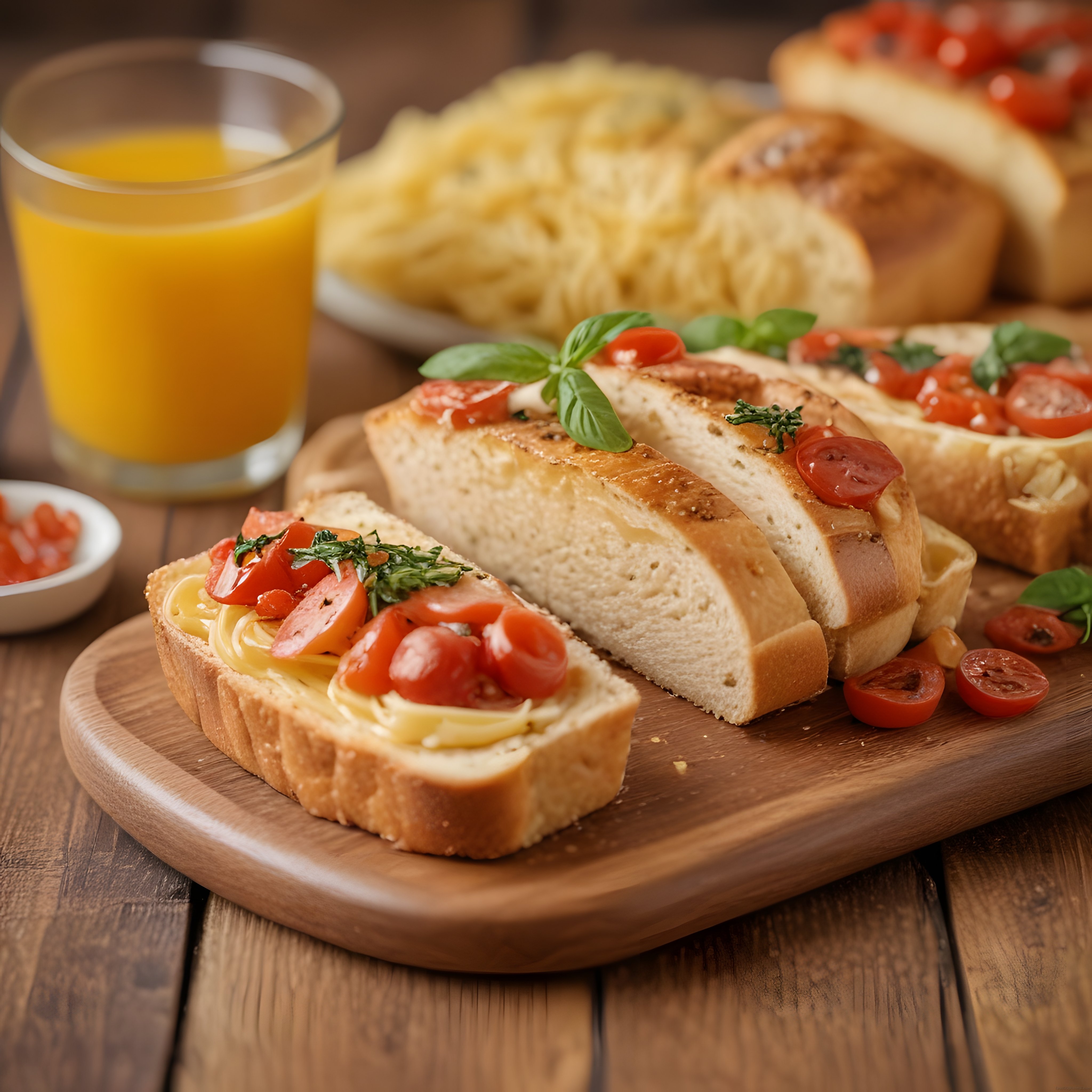 Ahşap Sunum Tahtasında Taze Domates Fesleğenli Ekmek ve Portakal Sulu Kahvaltı