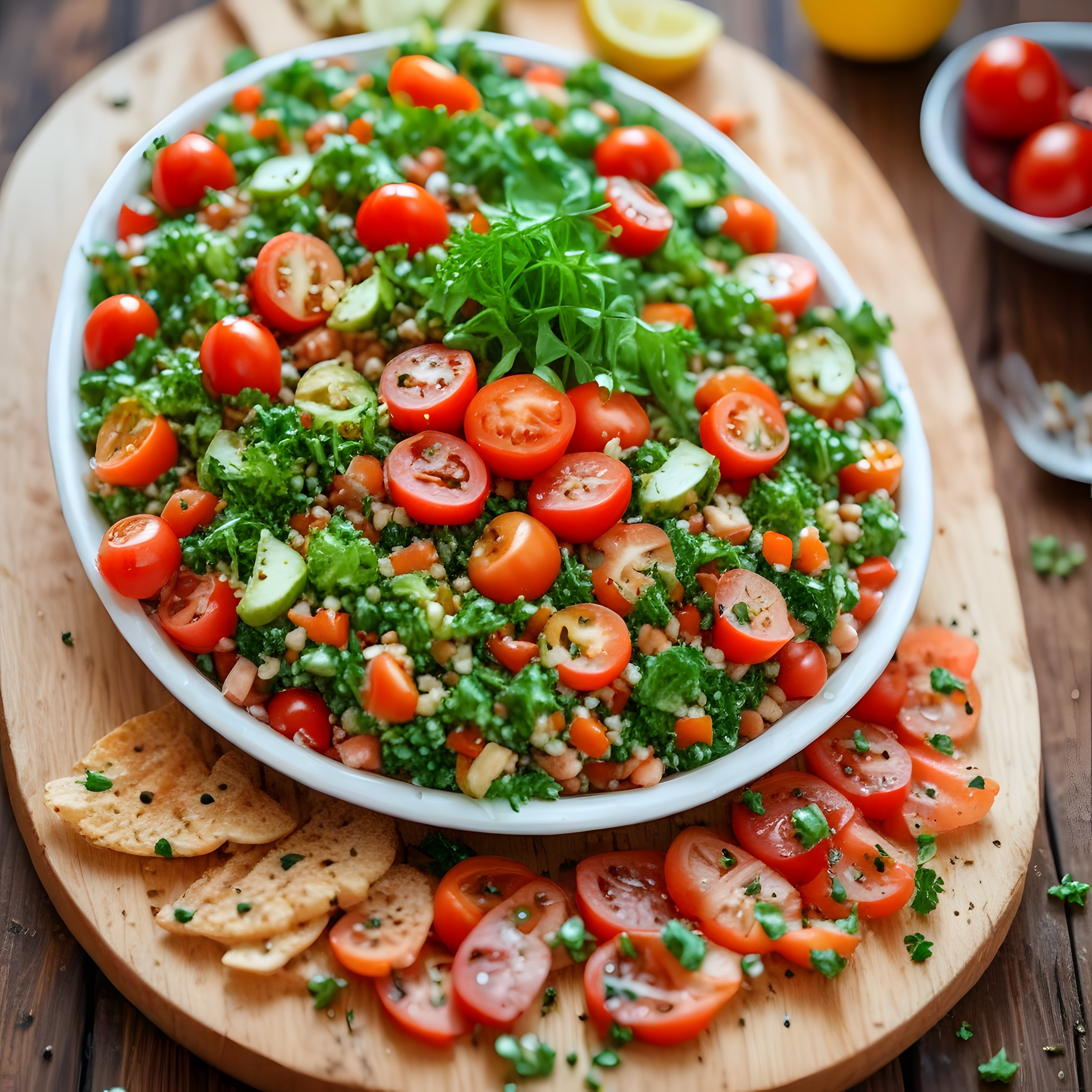 Ahşap Sunum Tahtasında Taze Domatesli ve Yeşillikli Tabbule Salatası