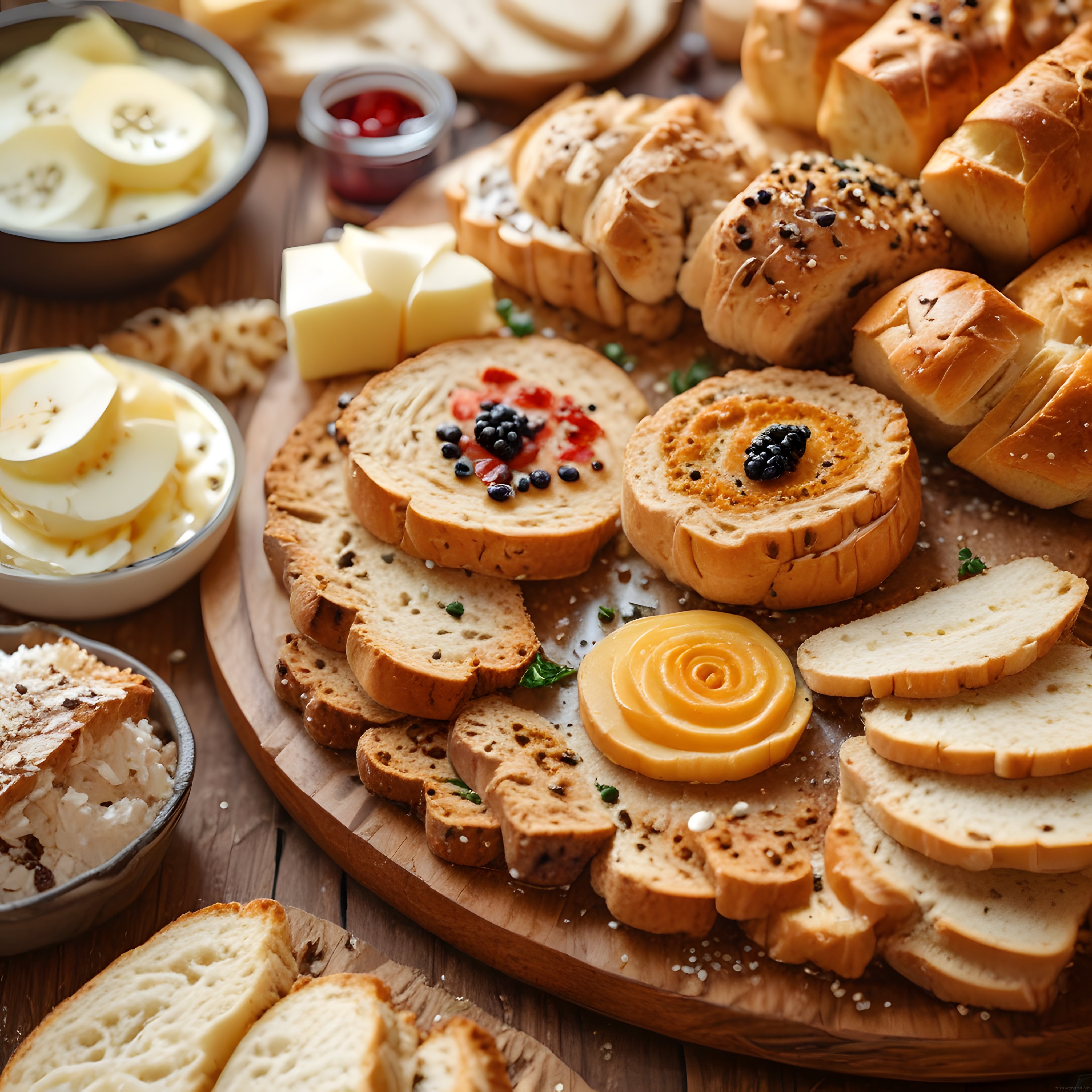 Ahşap Sunum Tahtasında Taze Ekmek Çeşitleri ve Kahvaltılık Lezzetler