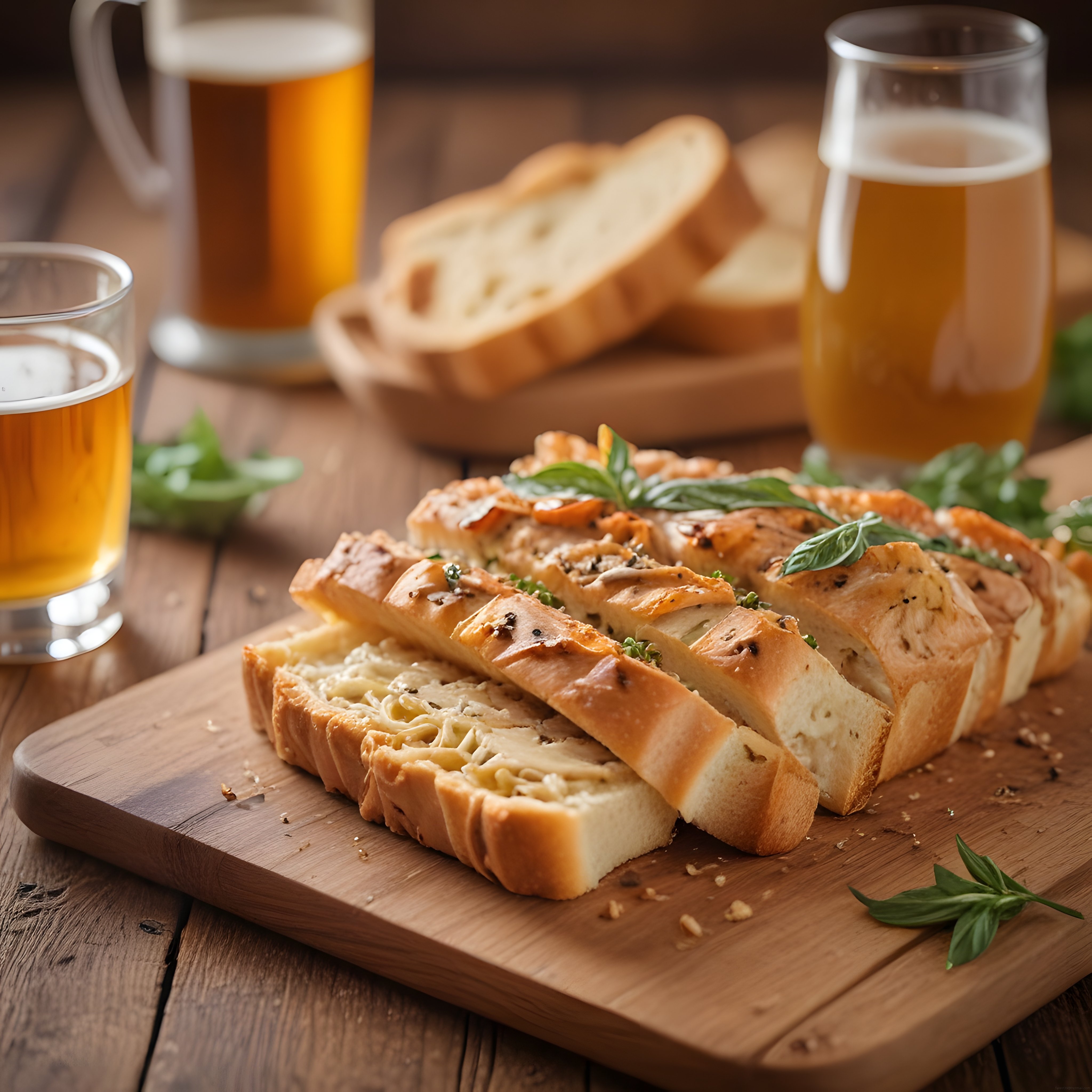 Ahşap Sunum Tahtasında Taze Fesleğenli Ekmek ve Bira Eşliğinde Rustik Sofra