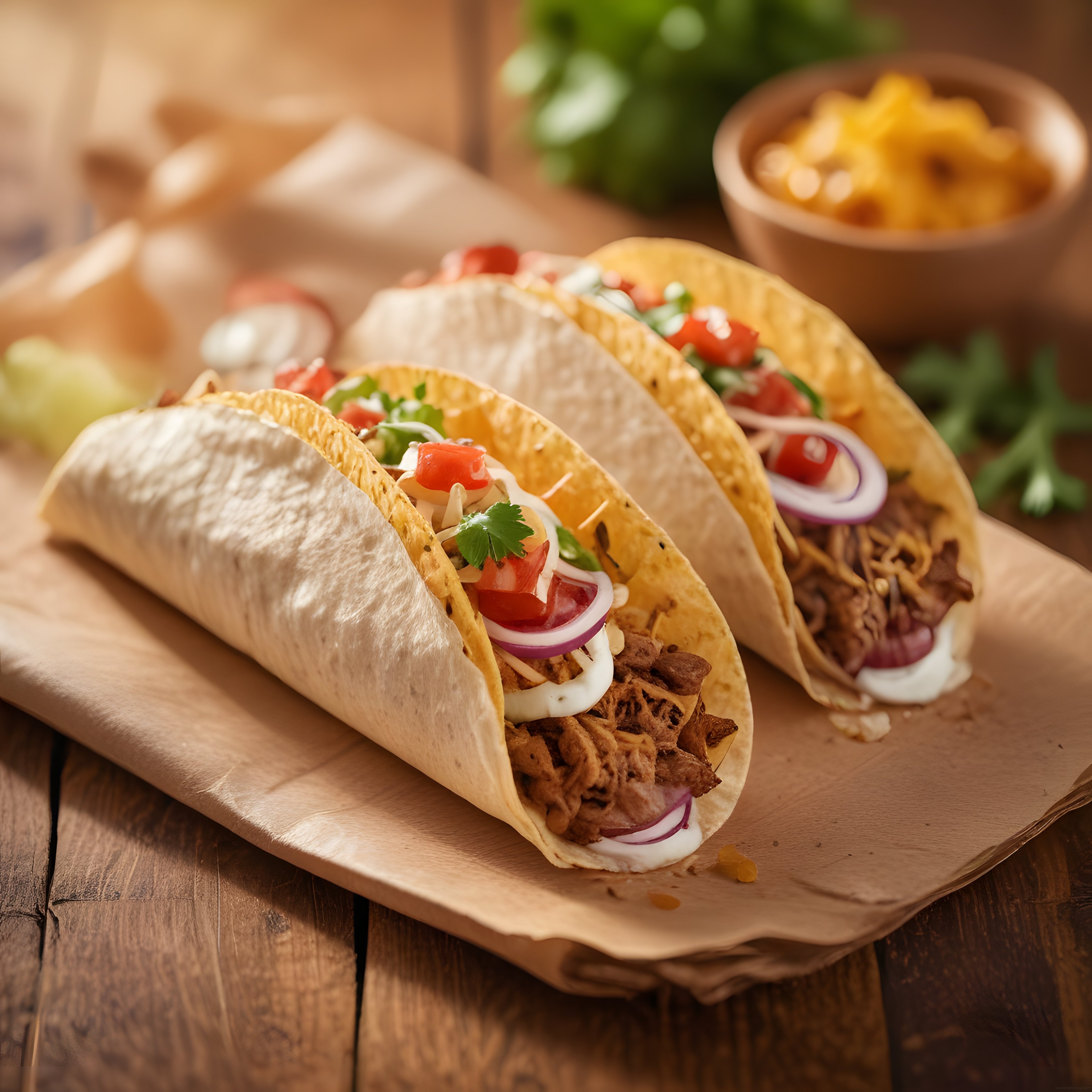 Ahşap Sunum Tahtasında Taze Garnitürlü Etli Taco ve Meksika Dürümü
