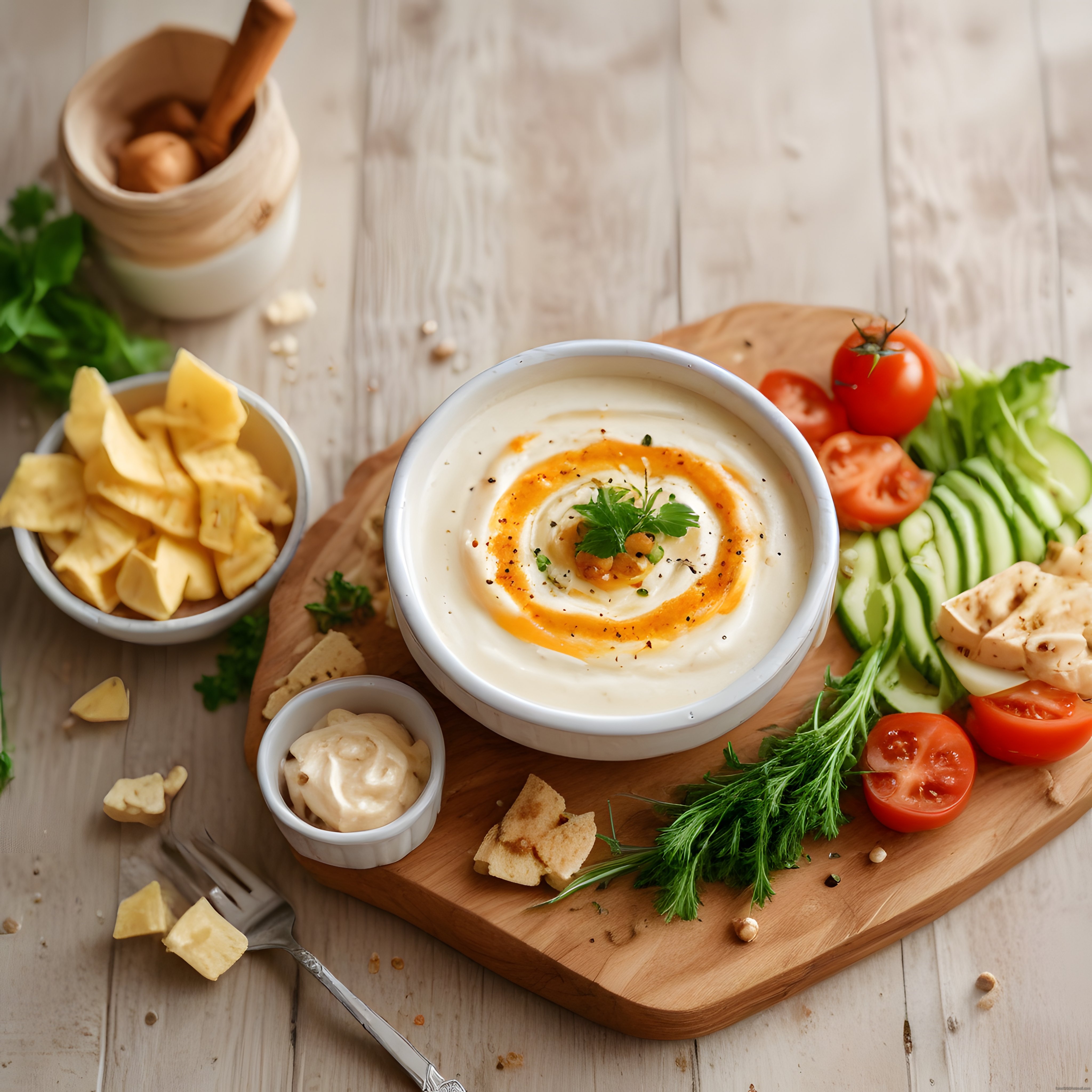Ahşap Sunum Tahtasında Taze Humus, Mezeler ve Sebzeler ile Brunch Keyfi
