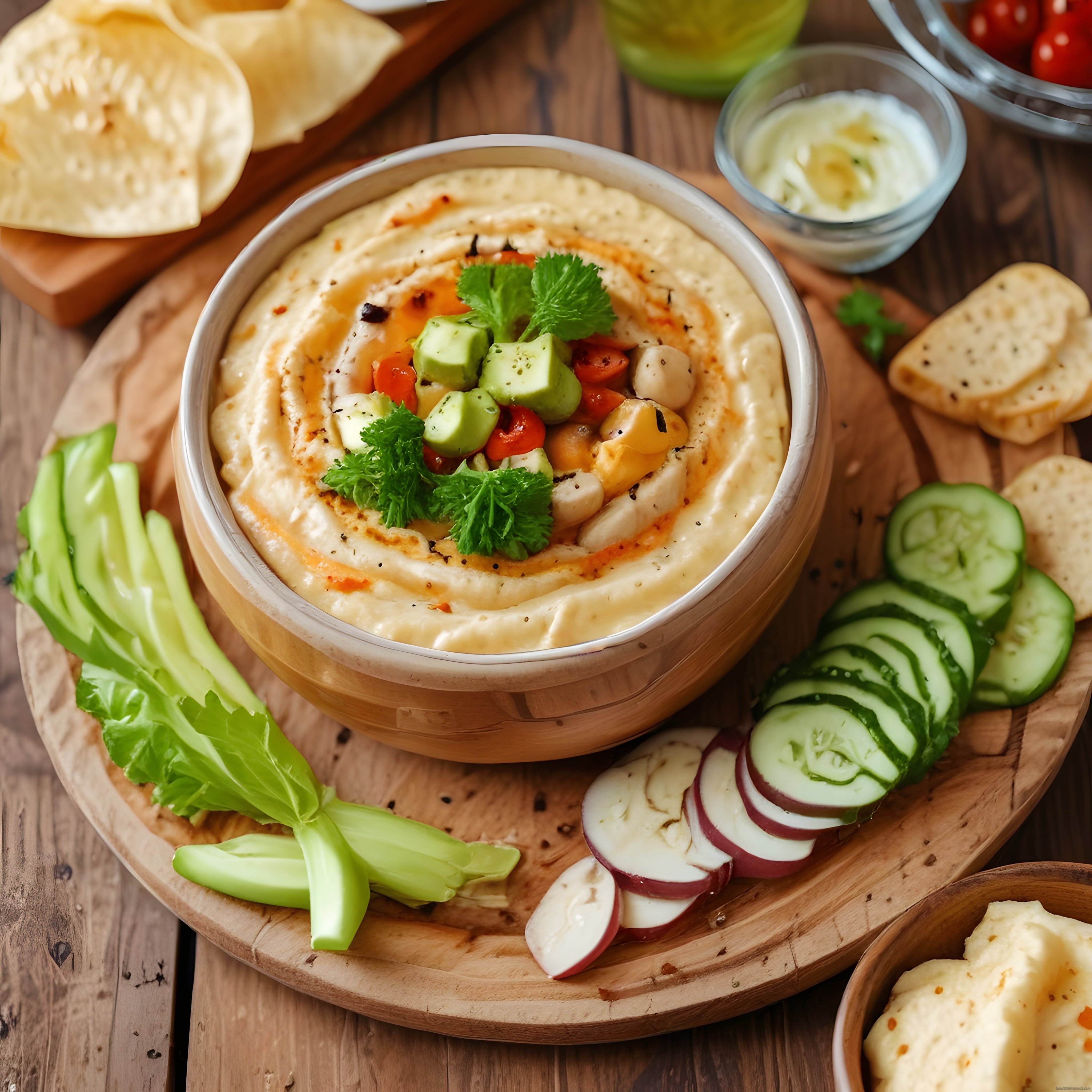 Ahşap Sunum Tahtasında Taze Humus, Sebzeler ve Kraker ile Sağlıklı Meze Keyfi
