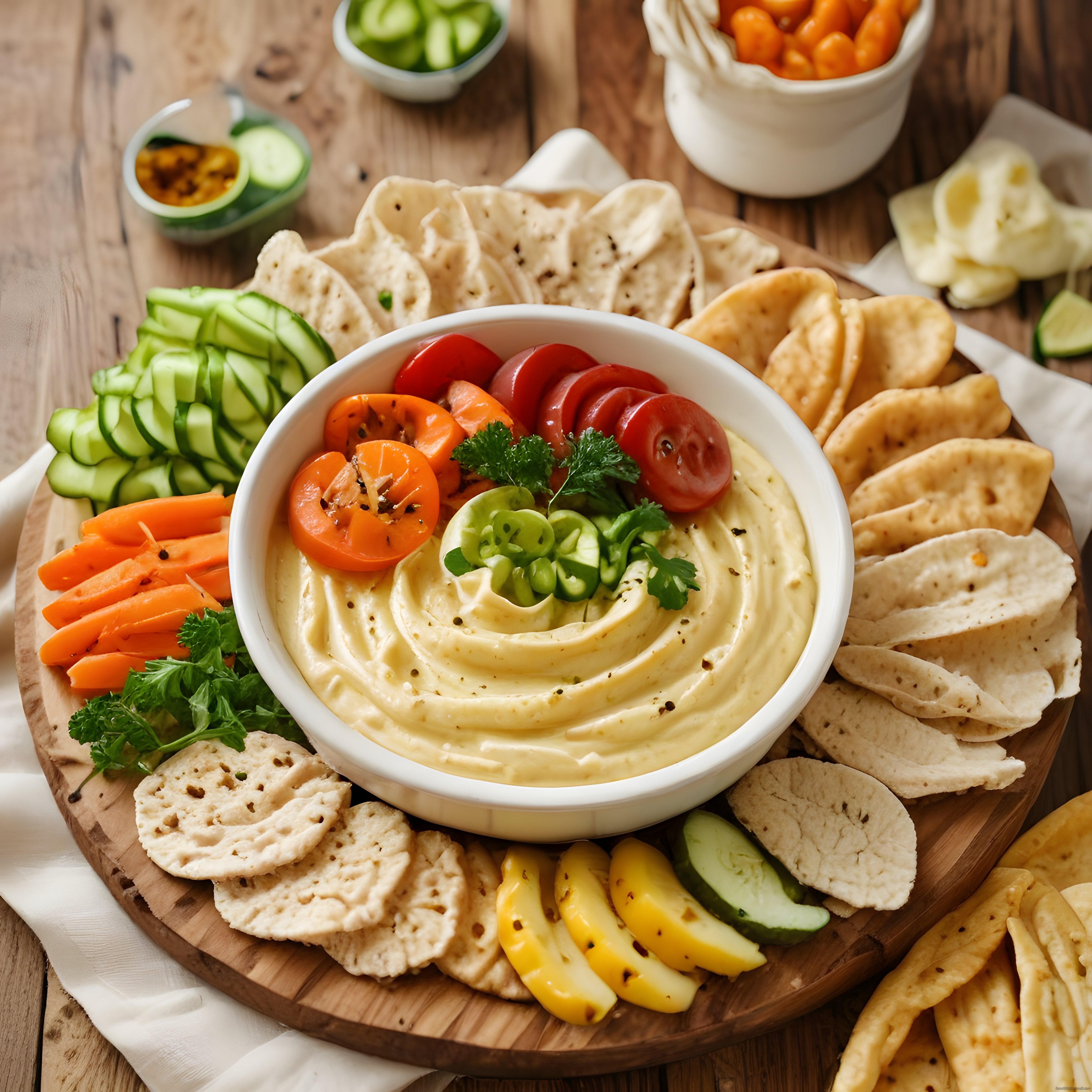 Ahşap Sunum Tahtasında Taze Humus ve Sebzelerle Lezzetli Meze Düzenlemesi