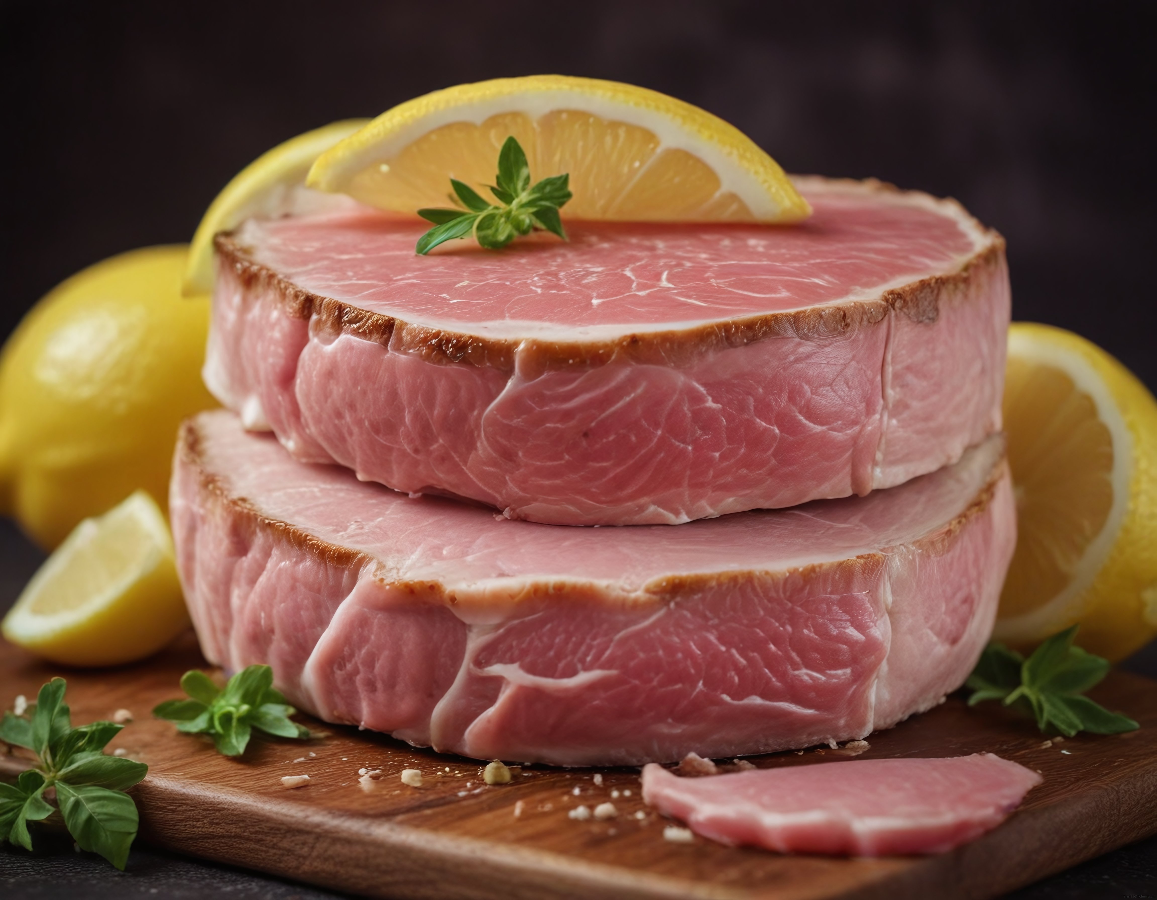 Ahşap Sunum Tahtasında Taze Limon ve Otlarla Füme Et Dilimleri