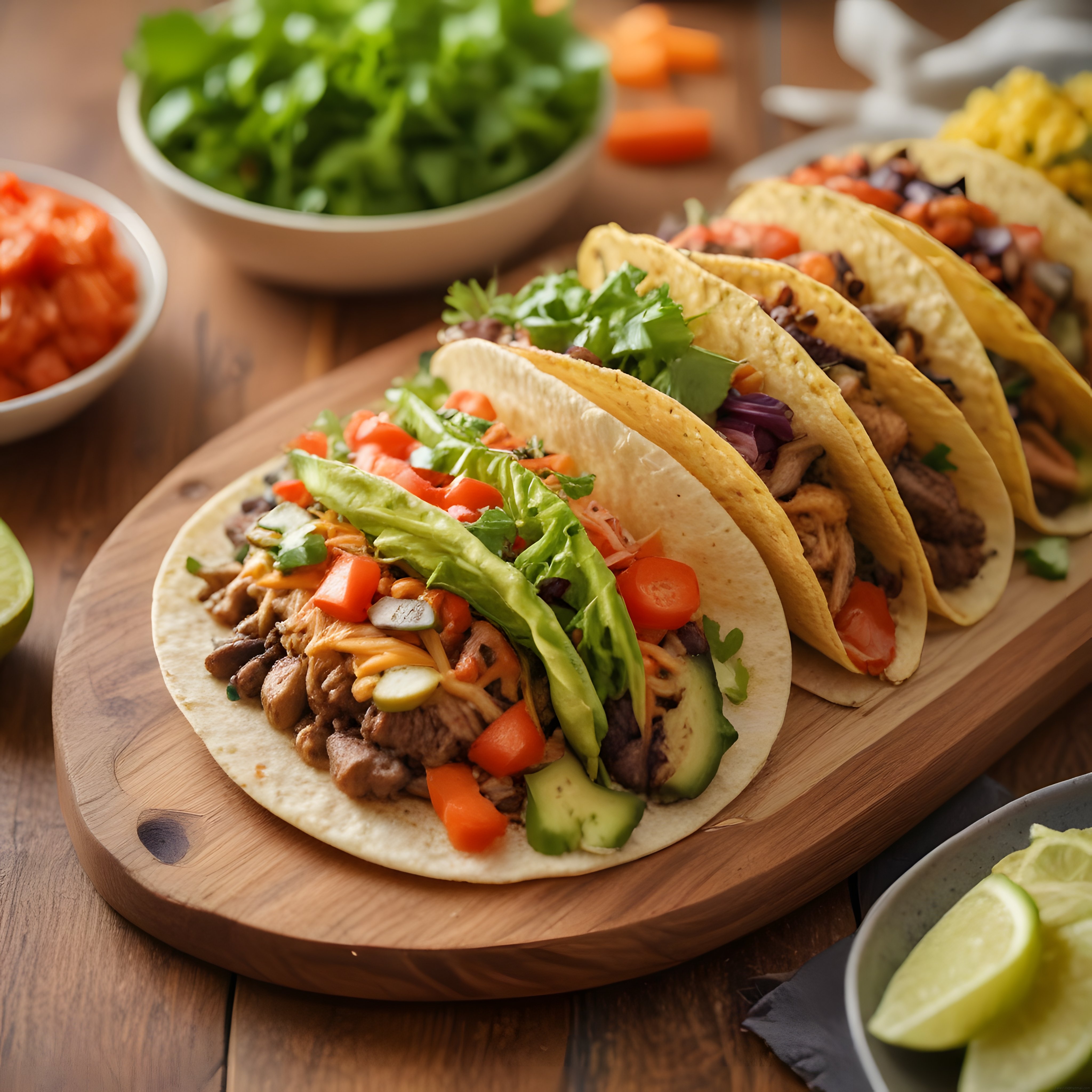 Ahşap sunum tahtasında taze malzemelerle hazırlanmış nefis taco tabağı