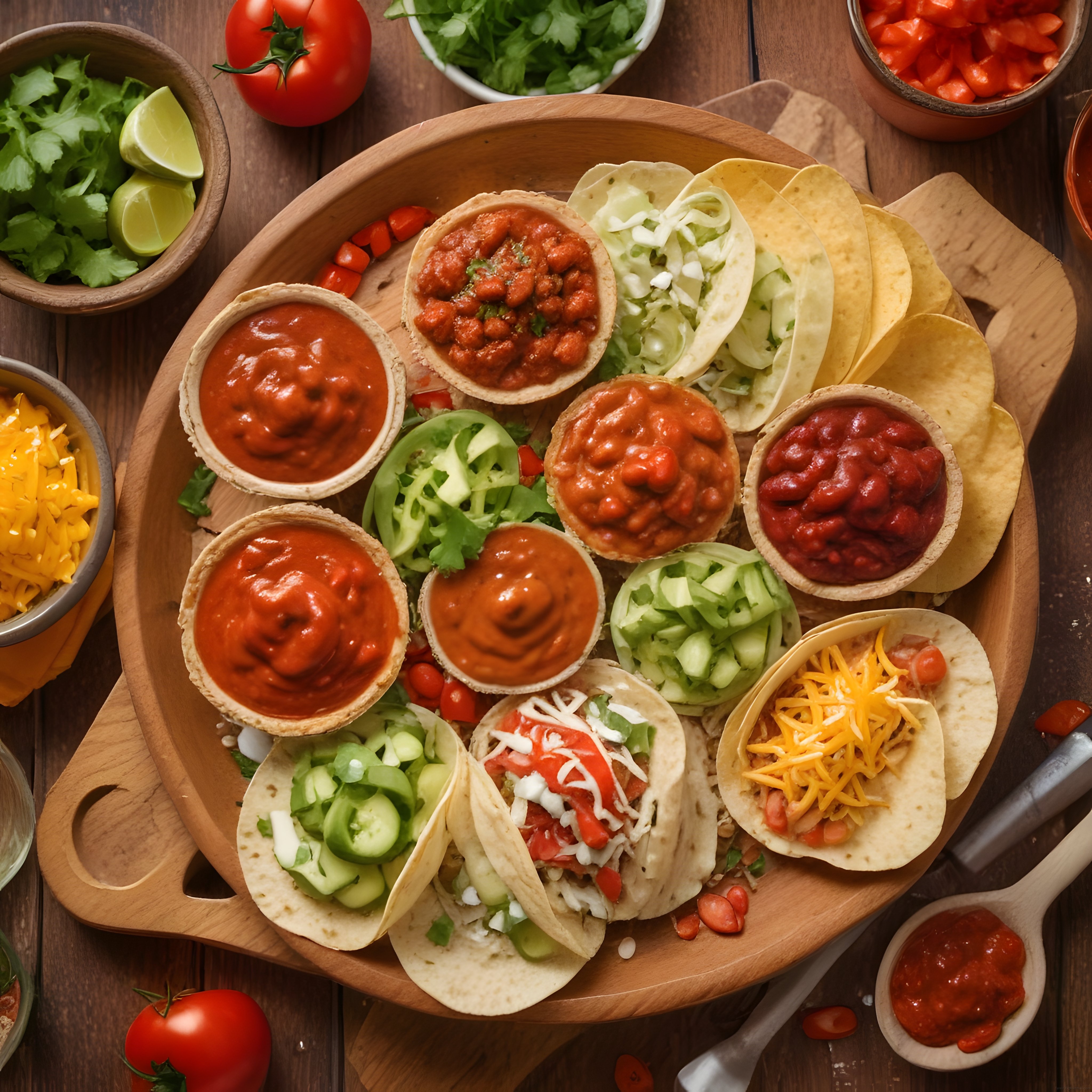 Ahşap Sunum Tahtasında Taze Malzemeli Meksika Taco Çeşitleri