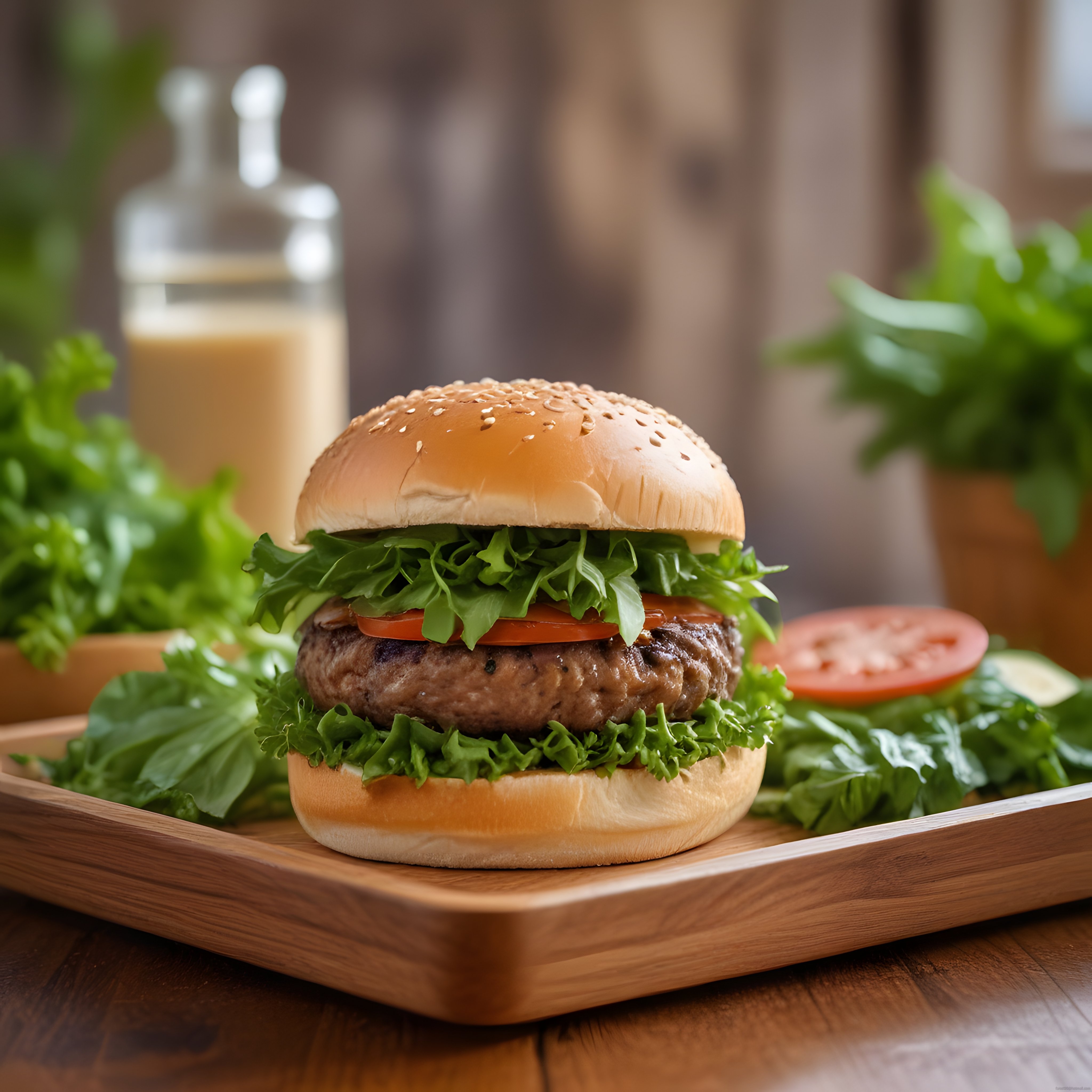 Ahşap Sunum Tahtasında Taze Marul, Domates ve Soslu Nefis Hamburger