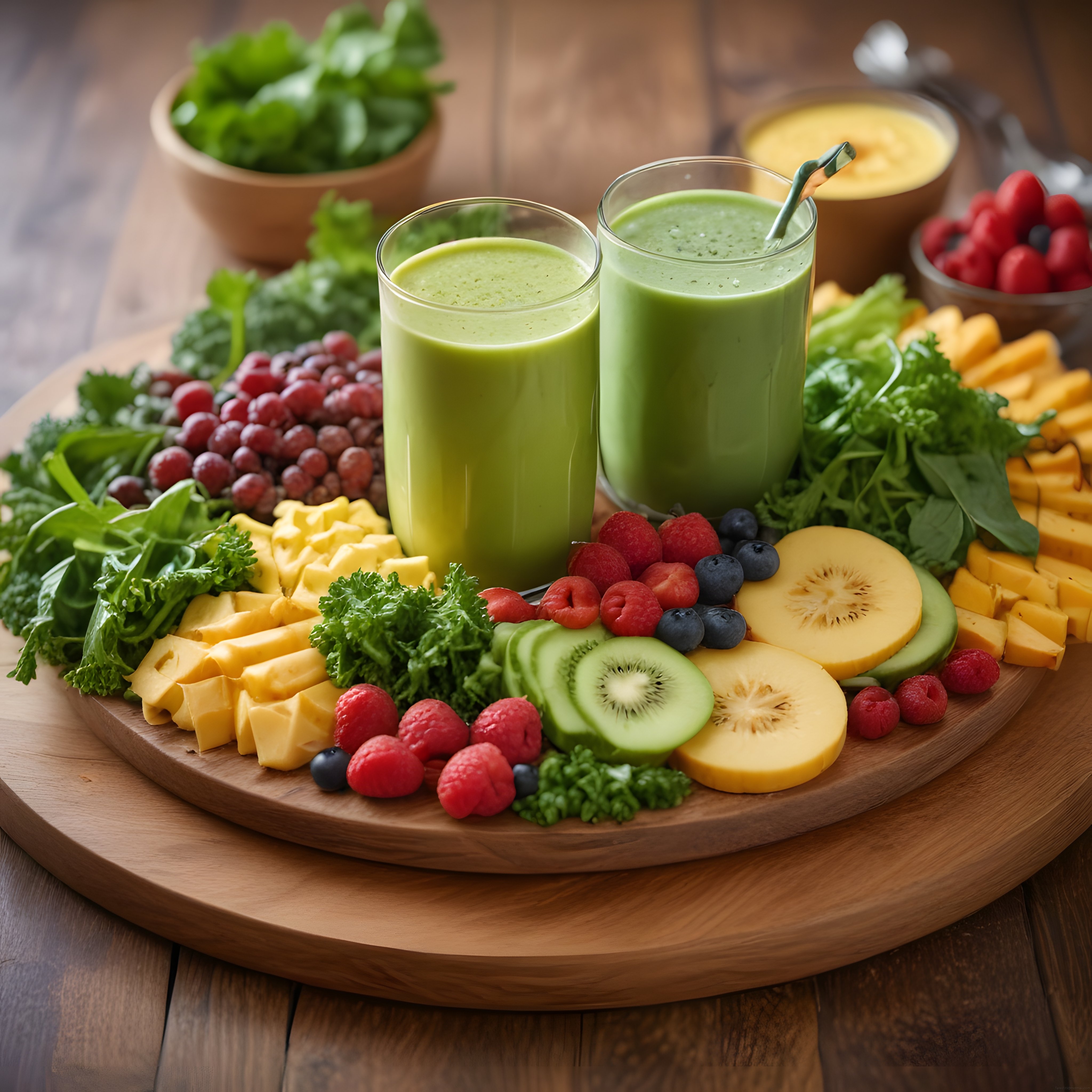 Ahşap sunum tahtasında taze meyveler, peynirler ve yeşil smoothie ile kahvaltı