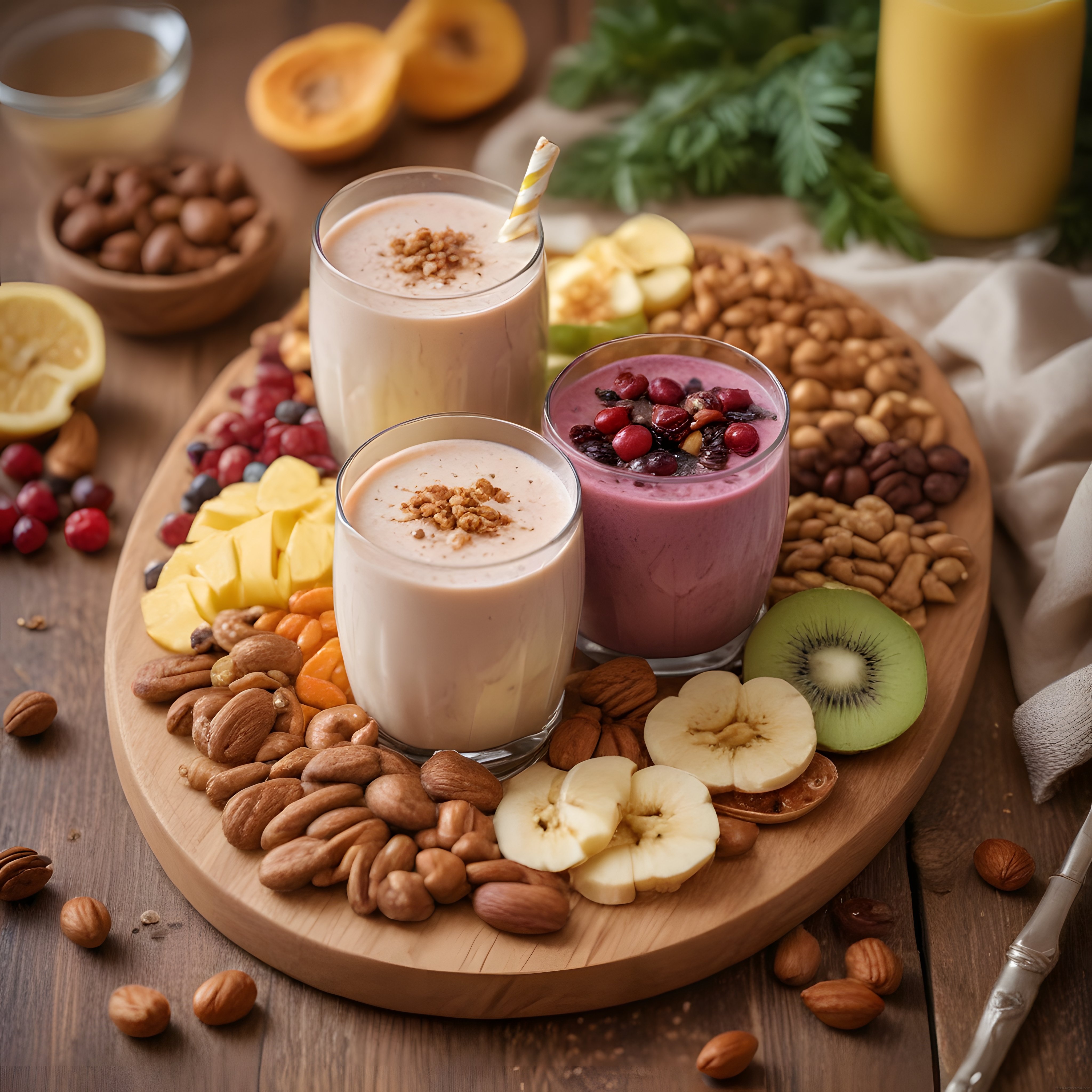 Ahşap Sunum Tahtasında Taze Meyveli ve Kuruyemişli Sağlıklı Smoothie Kahvaltısı