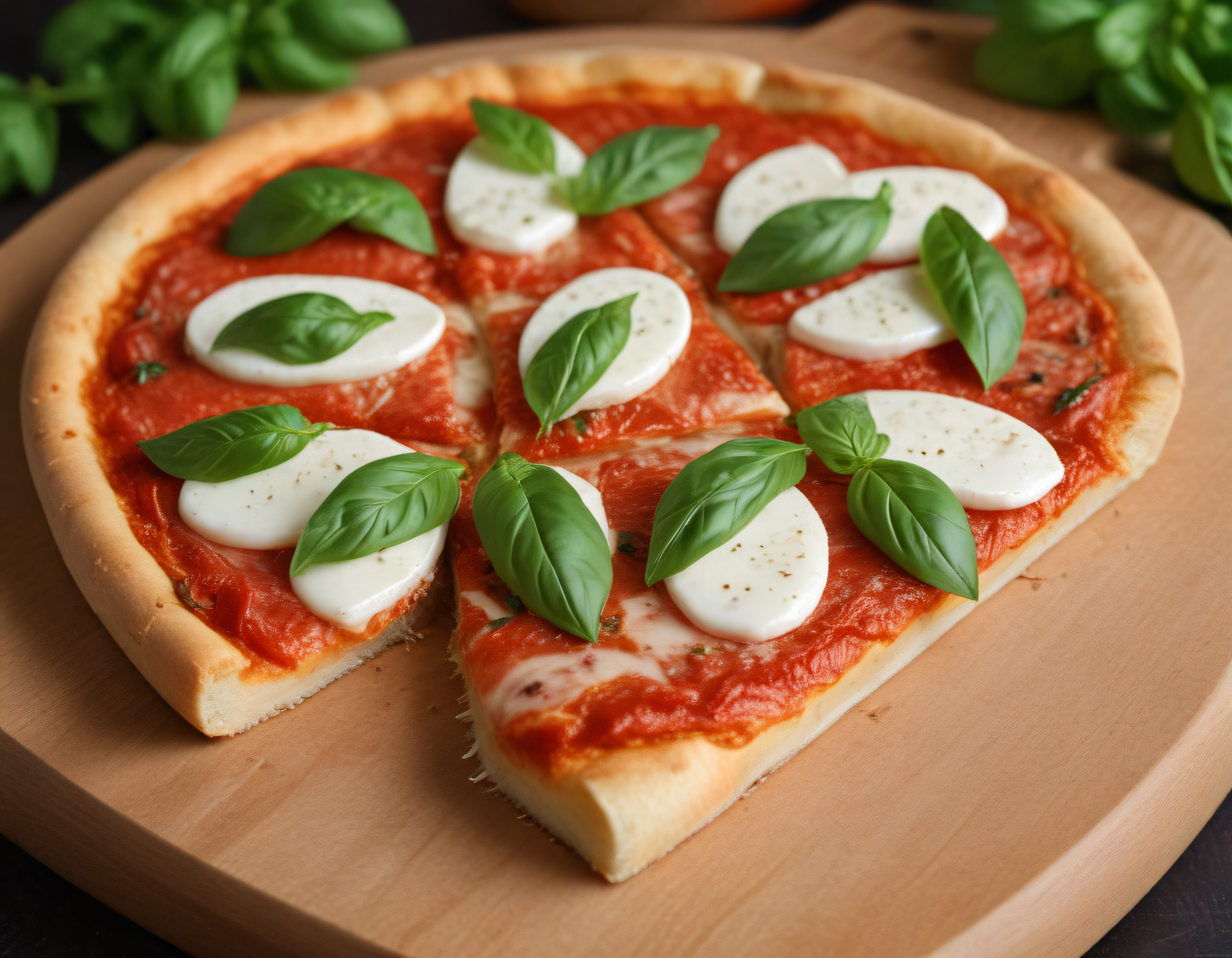 Ahşap sunum tahtasında taze mozzarella ve fesleğenli İtalyan margherita pizza