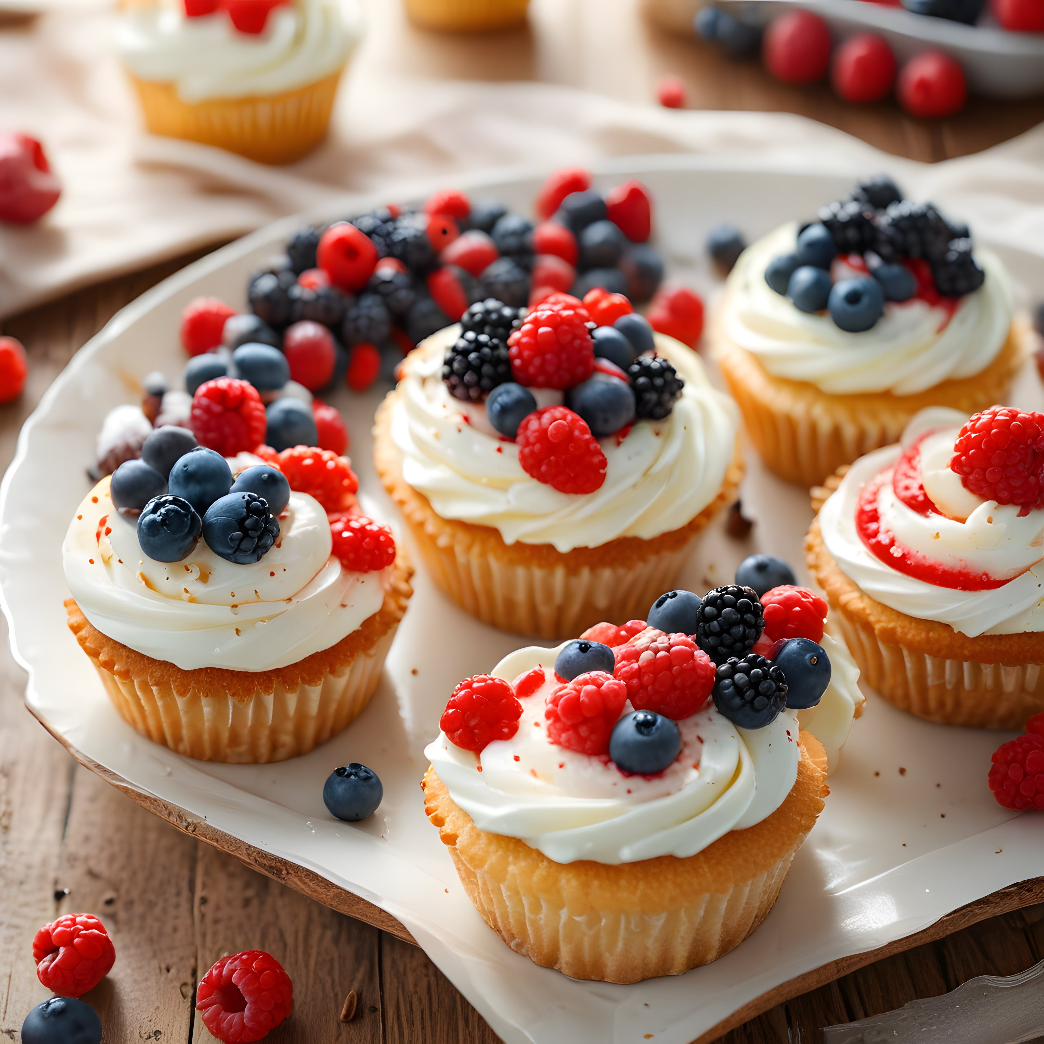 Ahşap Sunum Tahtasında Taze Orman Meyveli ve Kremalı Cupcake Çeşitleri