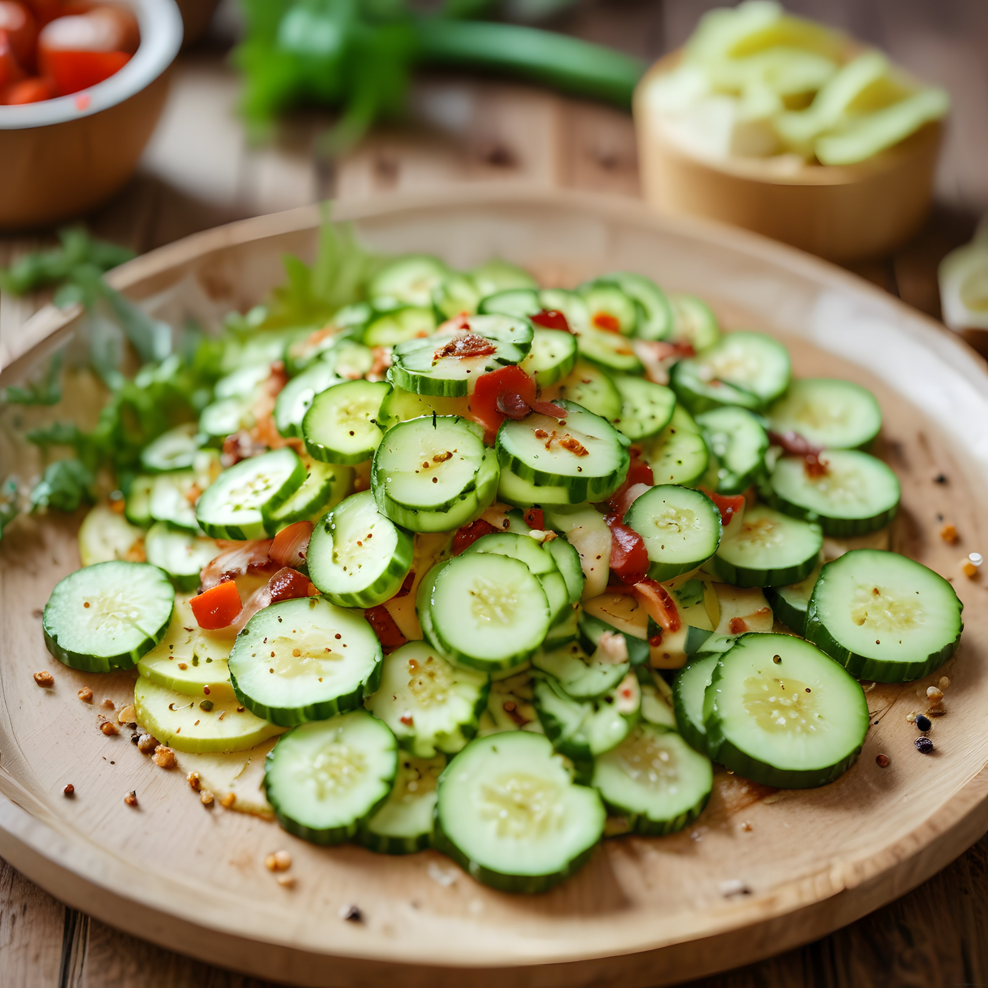 Ahşap Sunum Tahtasında Taze Salatalık ve Domates Salatası Tarifi