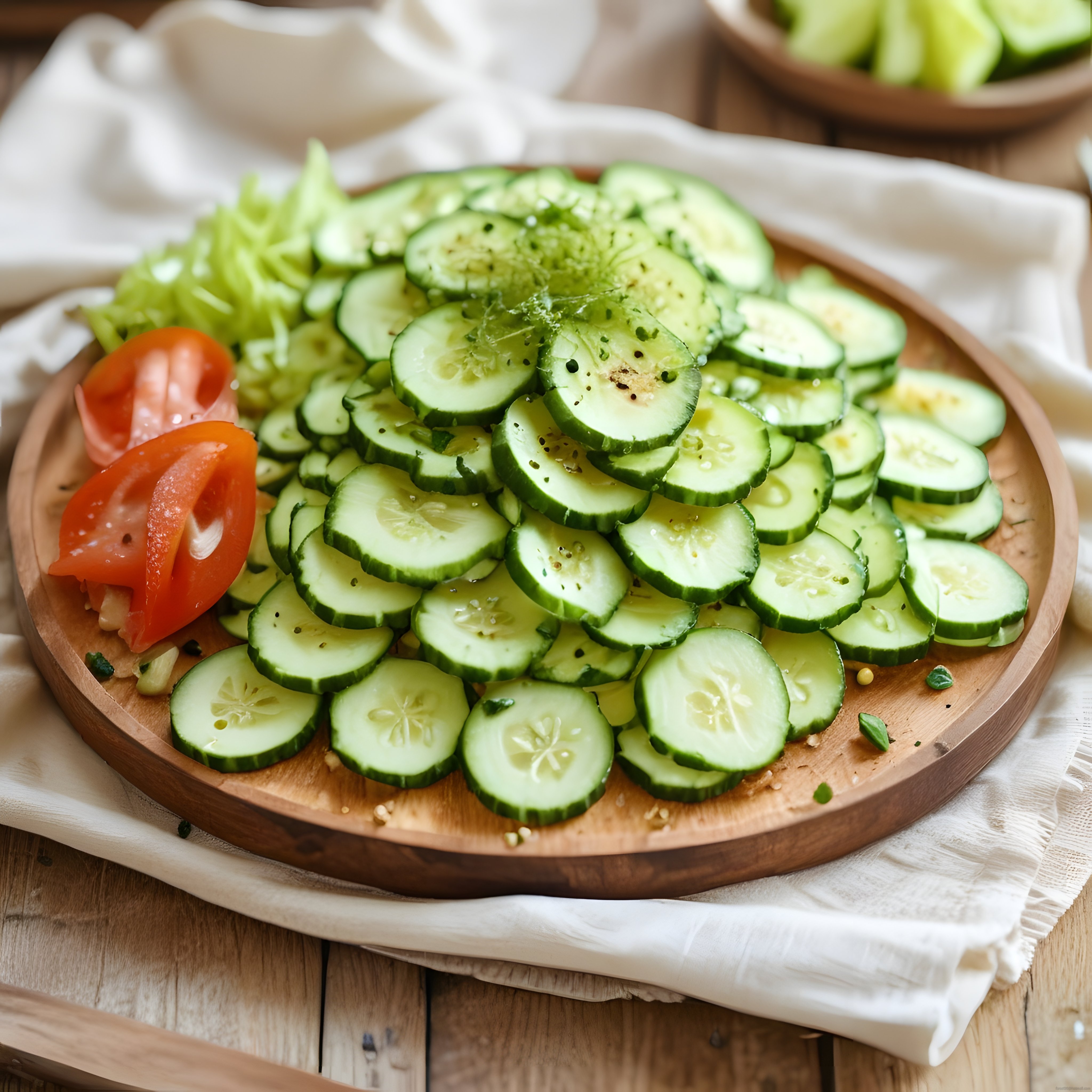 Ahşap Sunum Tahtasında Taze Salatalık ve Domatesli Yaz Salatası