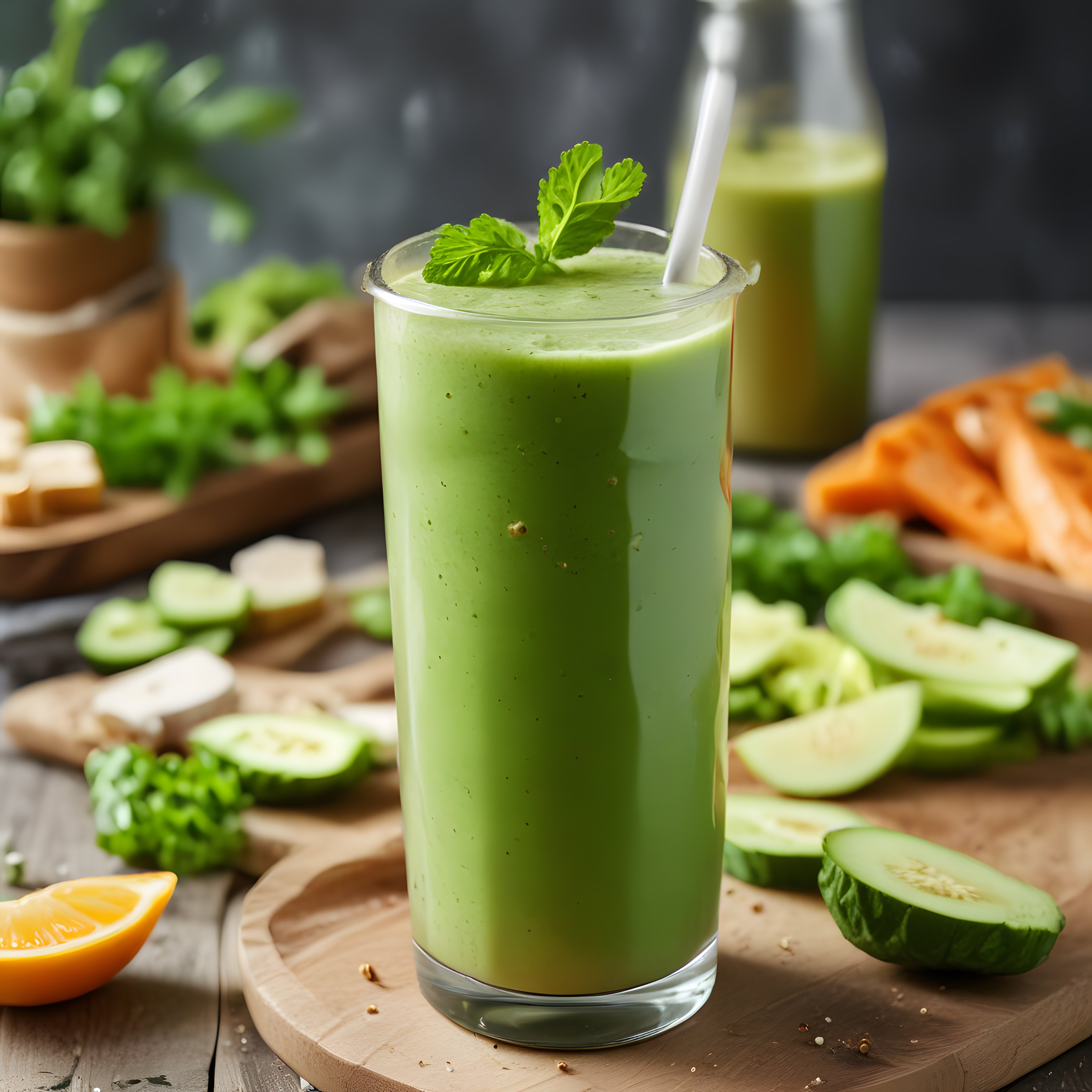Ahşap Sunum Tahtasında Taze Salatalıklı Yeşil Detoks Smoothie ve Sağlıklı İçecek Tarifi
