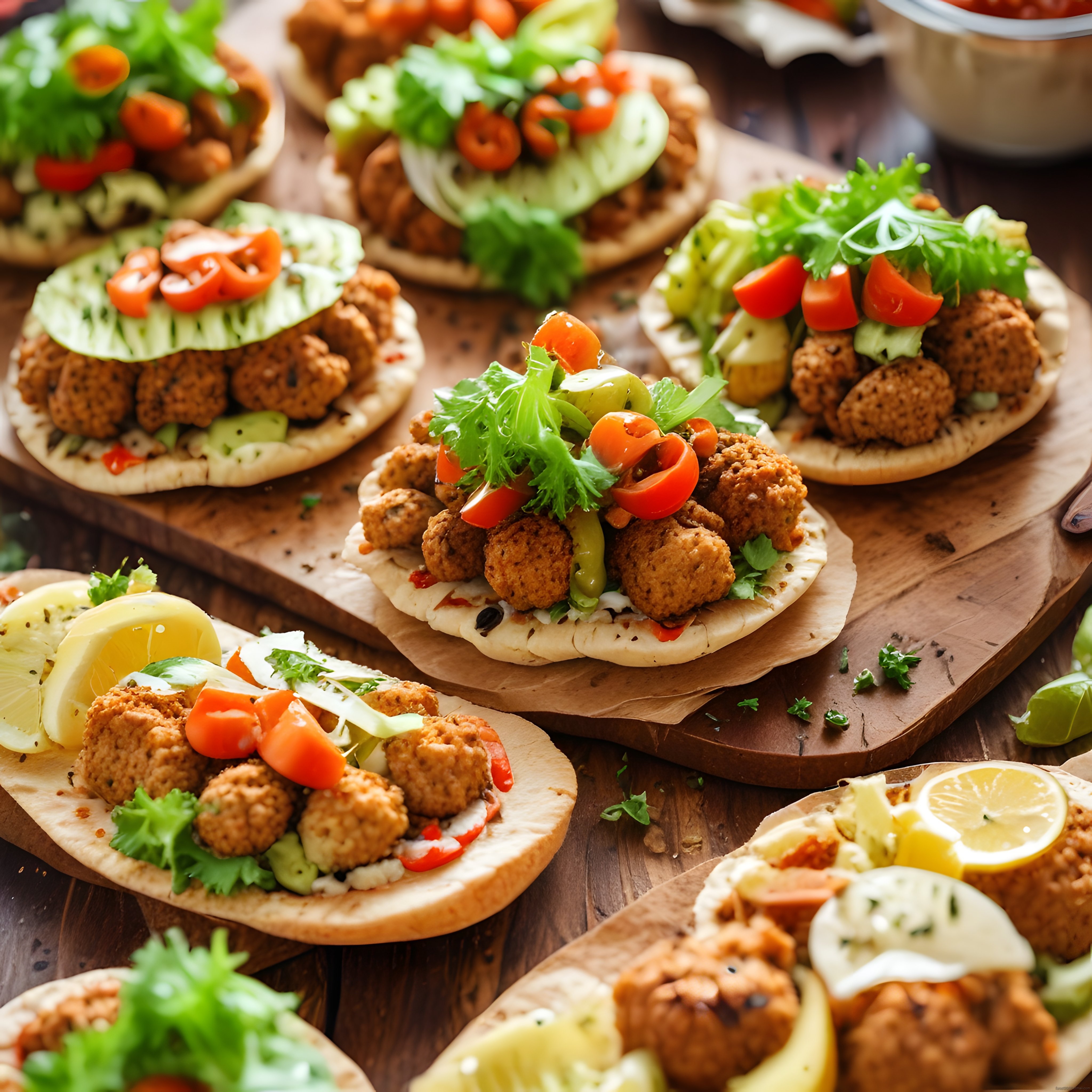 Ahşap sunum tahtasında taze sebzeler ve çıtır falafel toplarıyla mini pita lezzeti