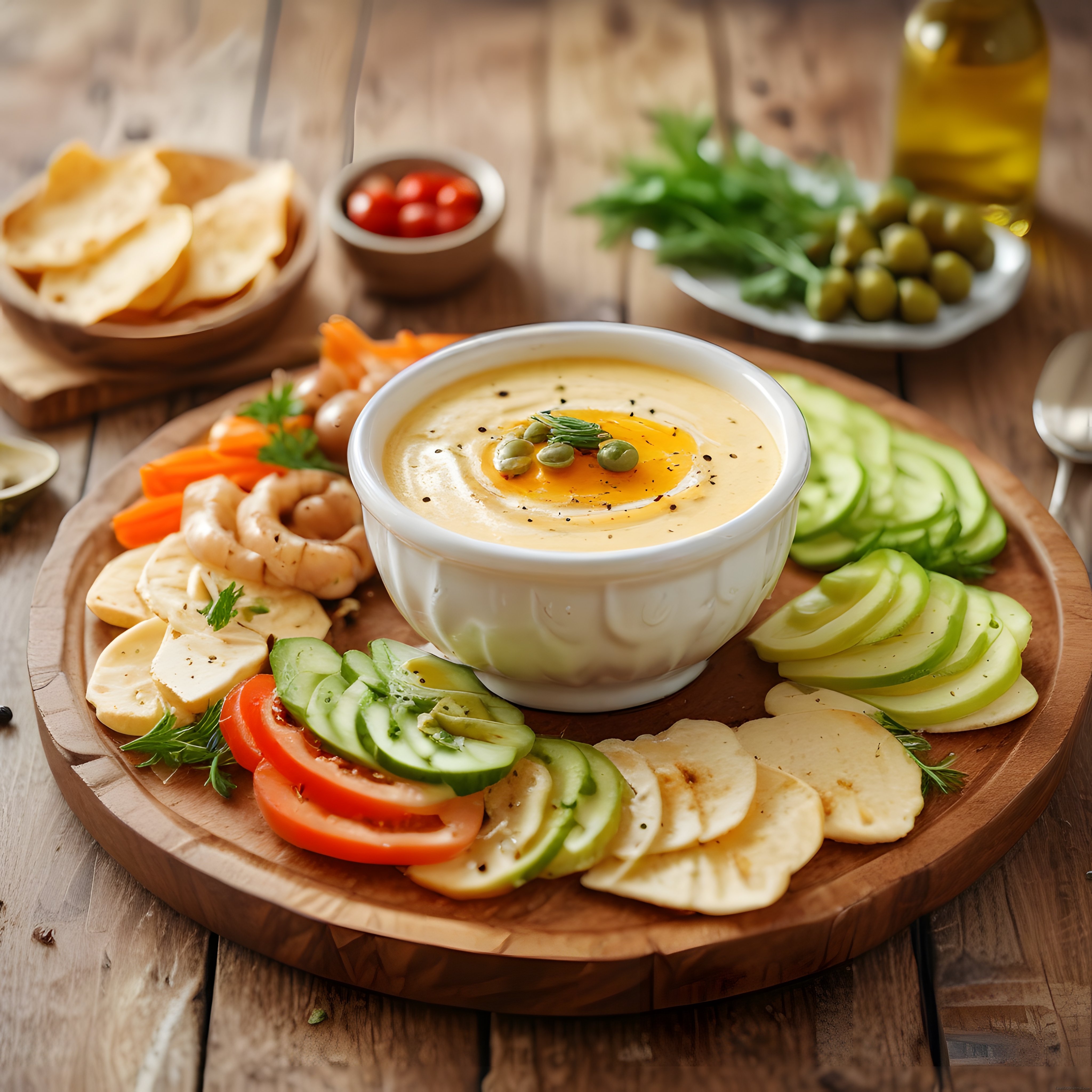 Ahşap Sunum Tahtasında Taze Sebzeler ve Humus ile Sağlıklı Atıştırmalık