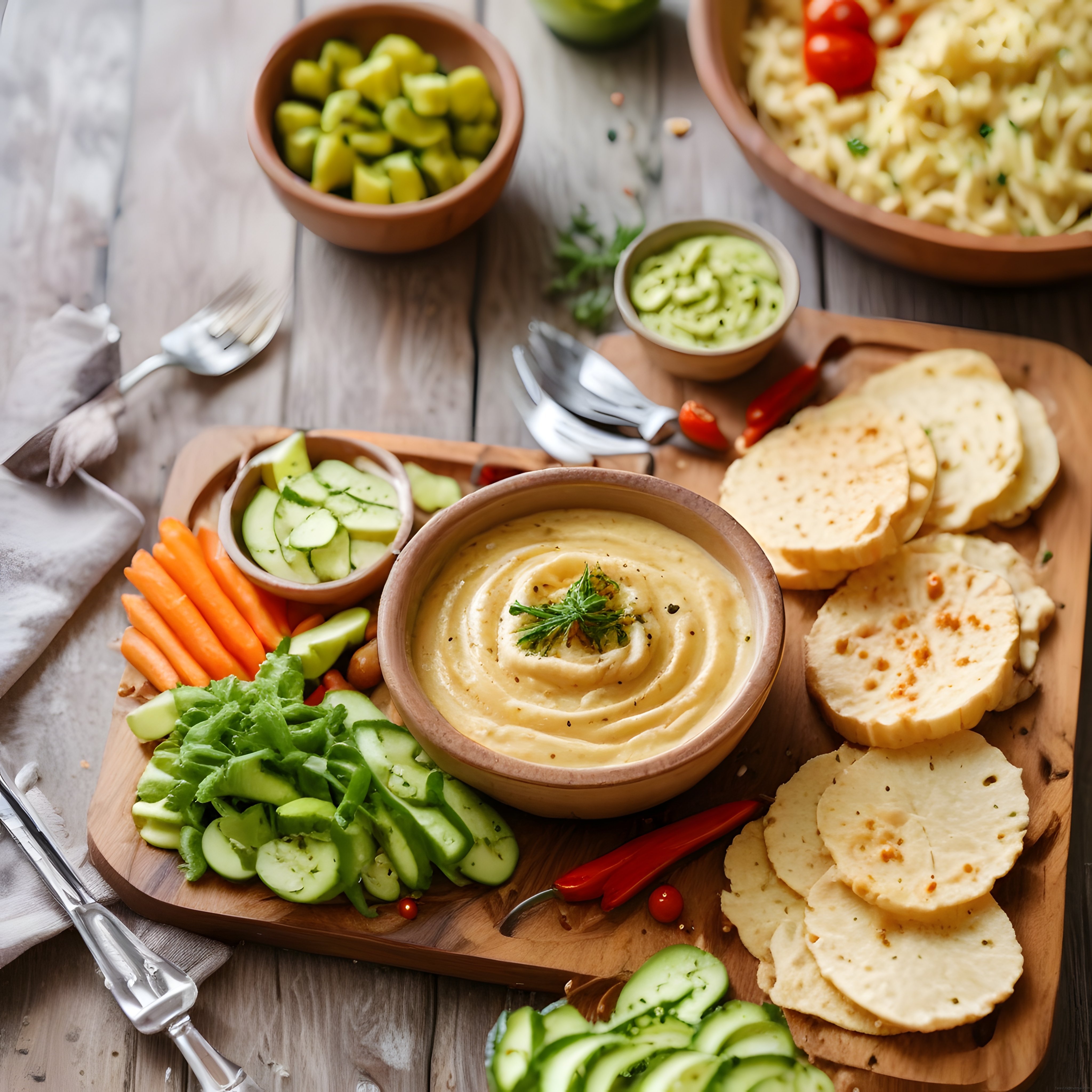 Ahşap Sunum Tahtasında Taze Sebzeler ve Humus ile Sağlıklı Brunch Keyfi
