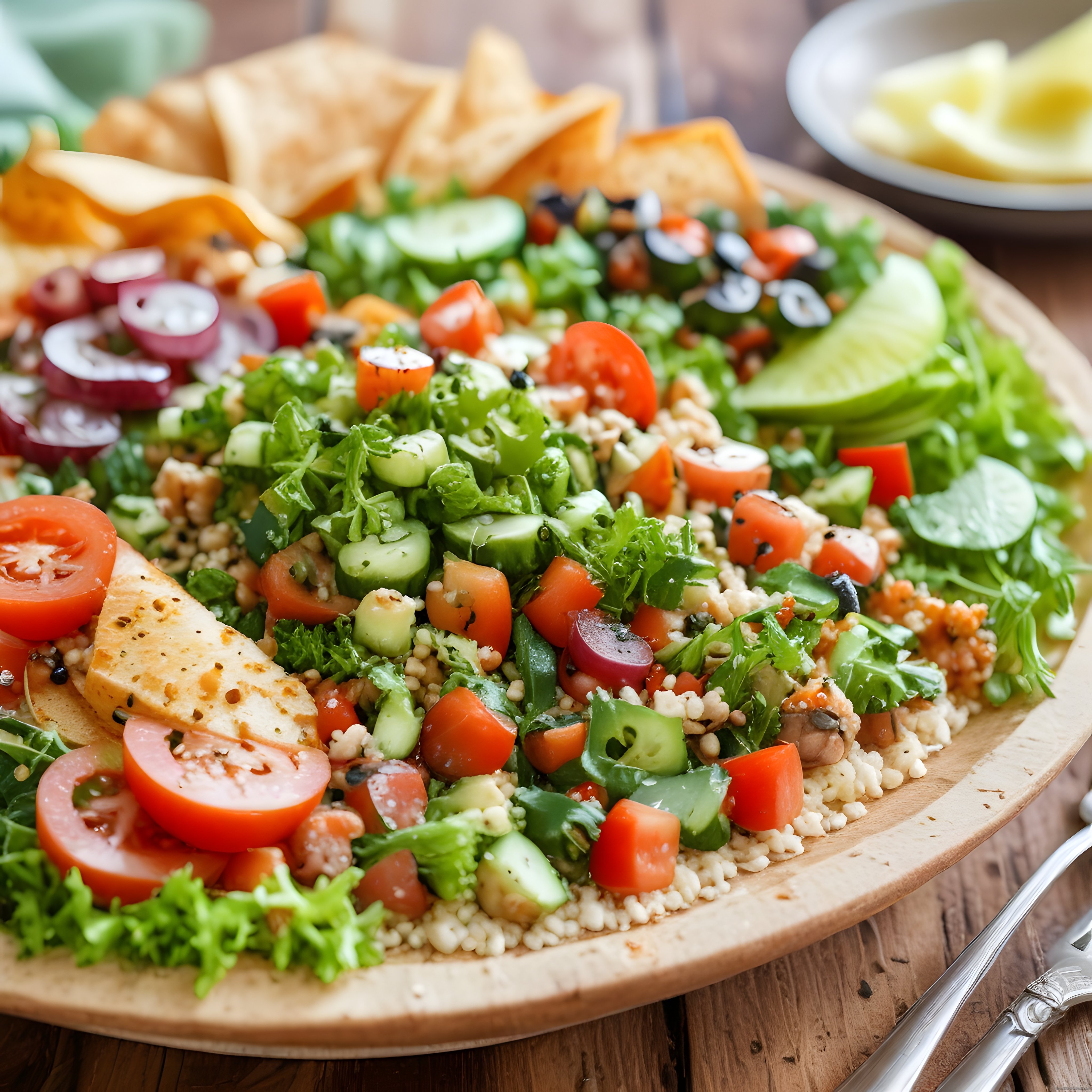 Ahşap sunum tahtasında taze sebzelerle buluşan geleneksel kısır salata Ahşap sunum tahtasında taze sebzelerle buluşan geleneksel kısır salata