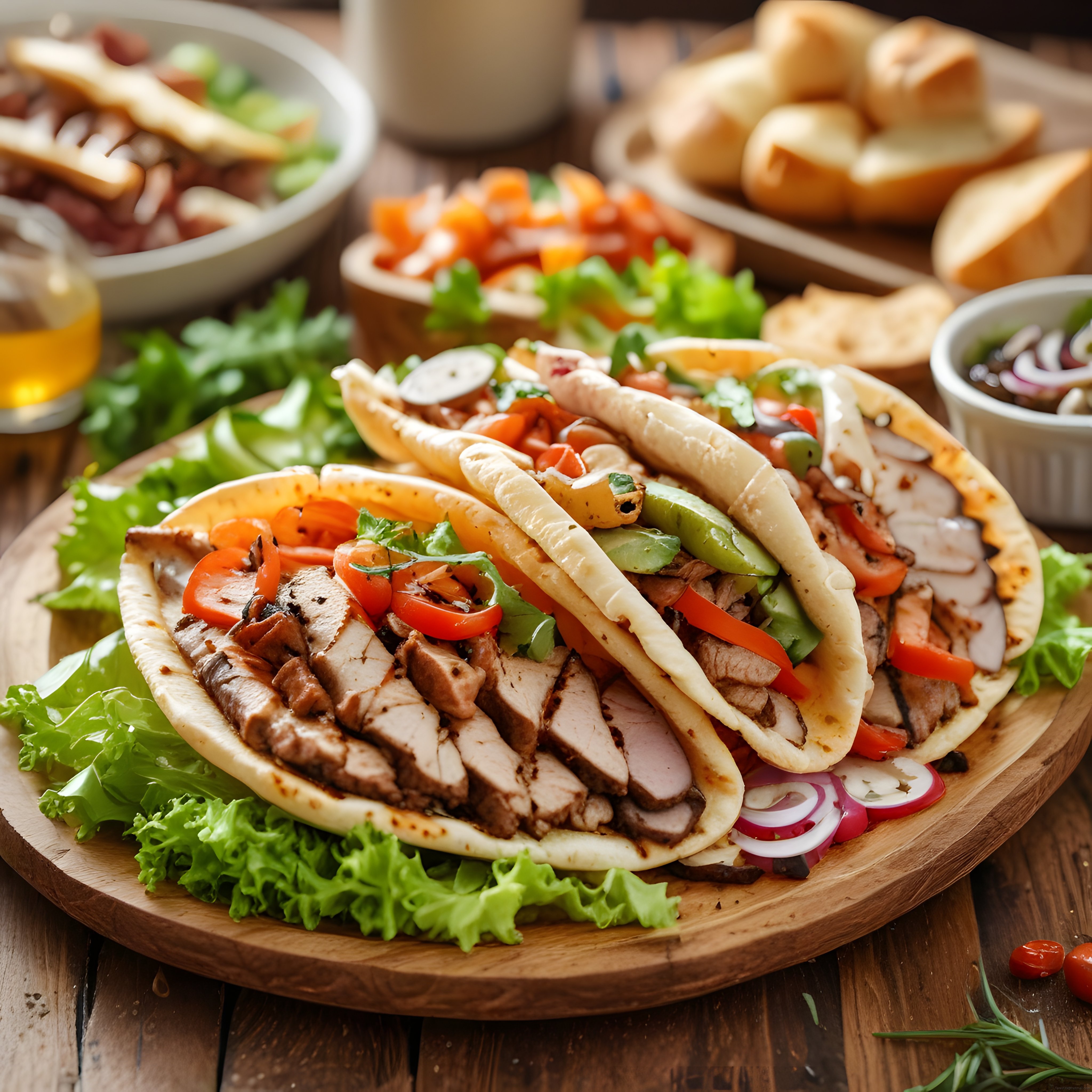 Ahşap sunum tahtasında taze sebzelerle hazırlanmış döner taco çeşitleri
