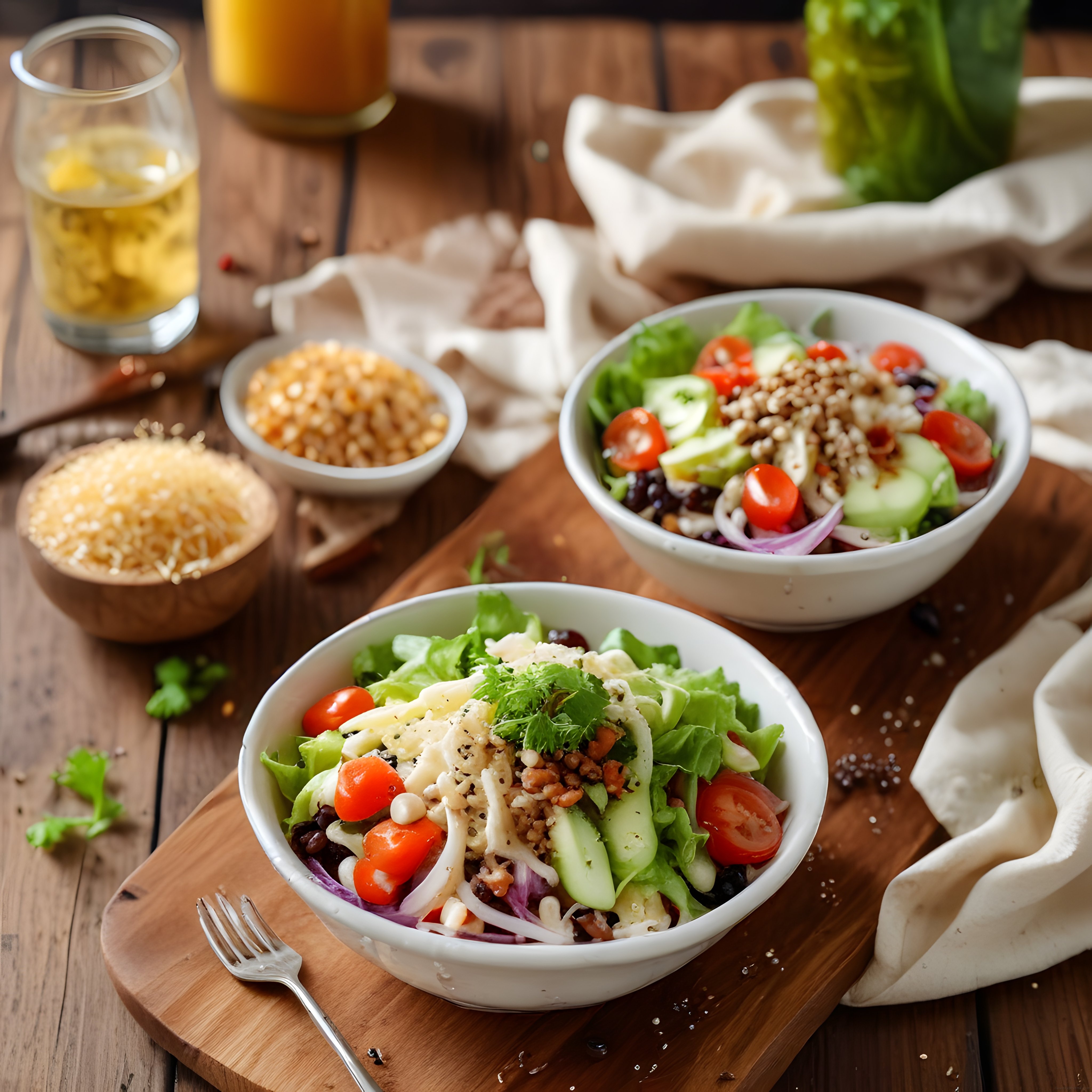 Ahşap Sunum Tahtasında Taze Sebzelerle Hazırlanmış Sağlıklı Salata Kaseleri