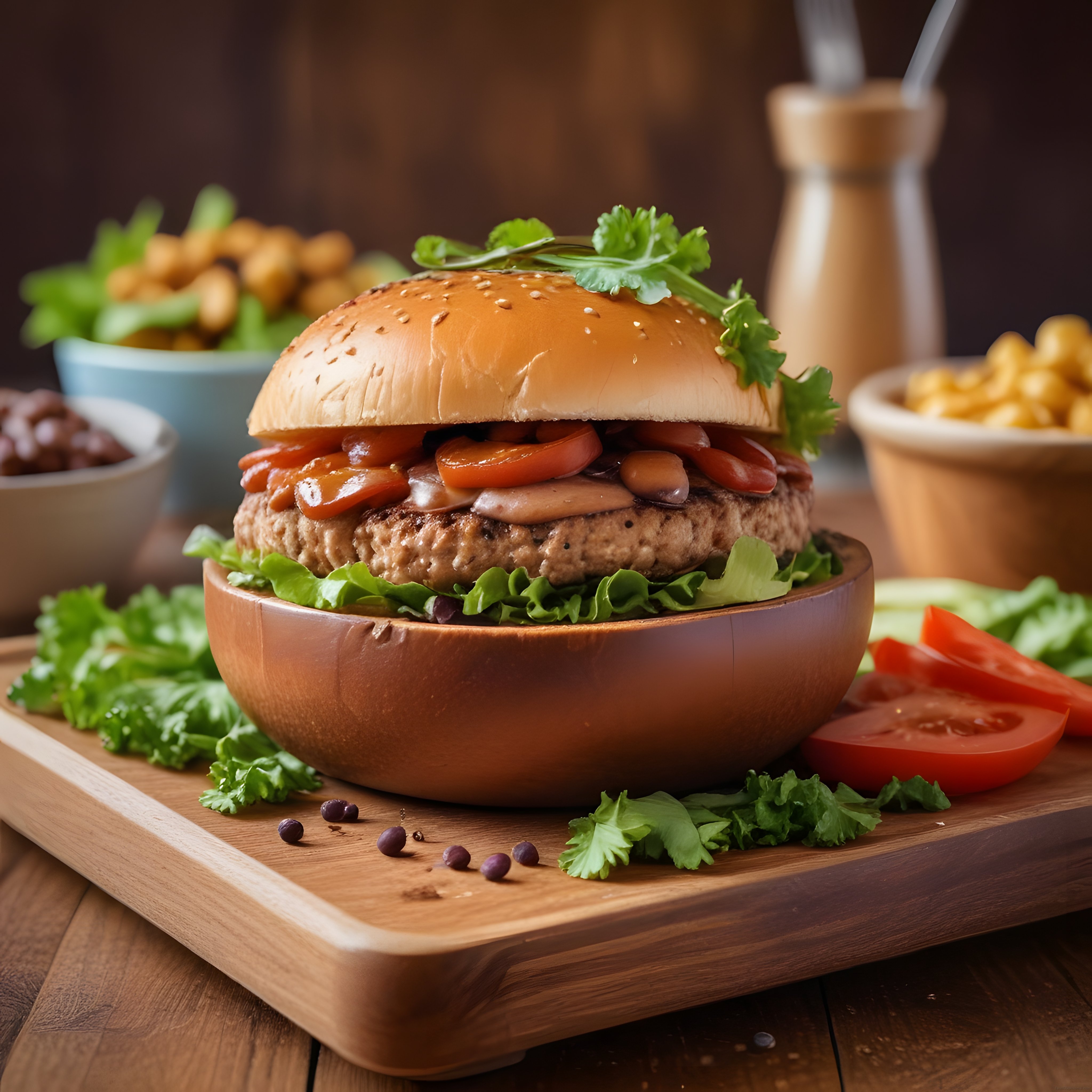 Ahşap sunum tahtasında taze sebzelerle süslenmiş enfes hamburger
