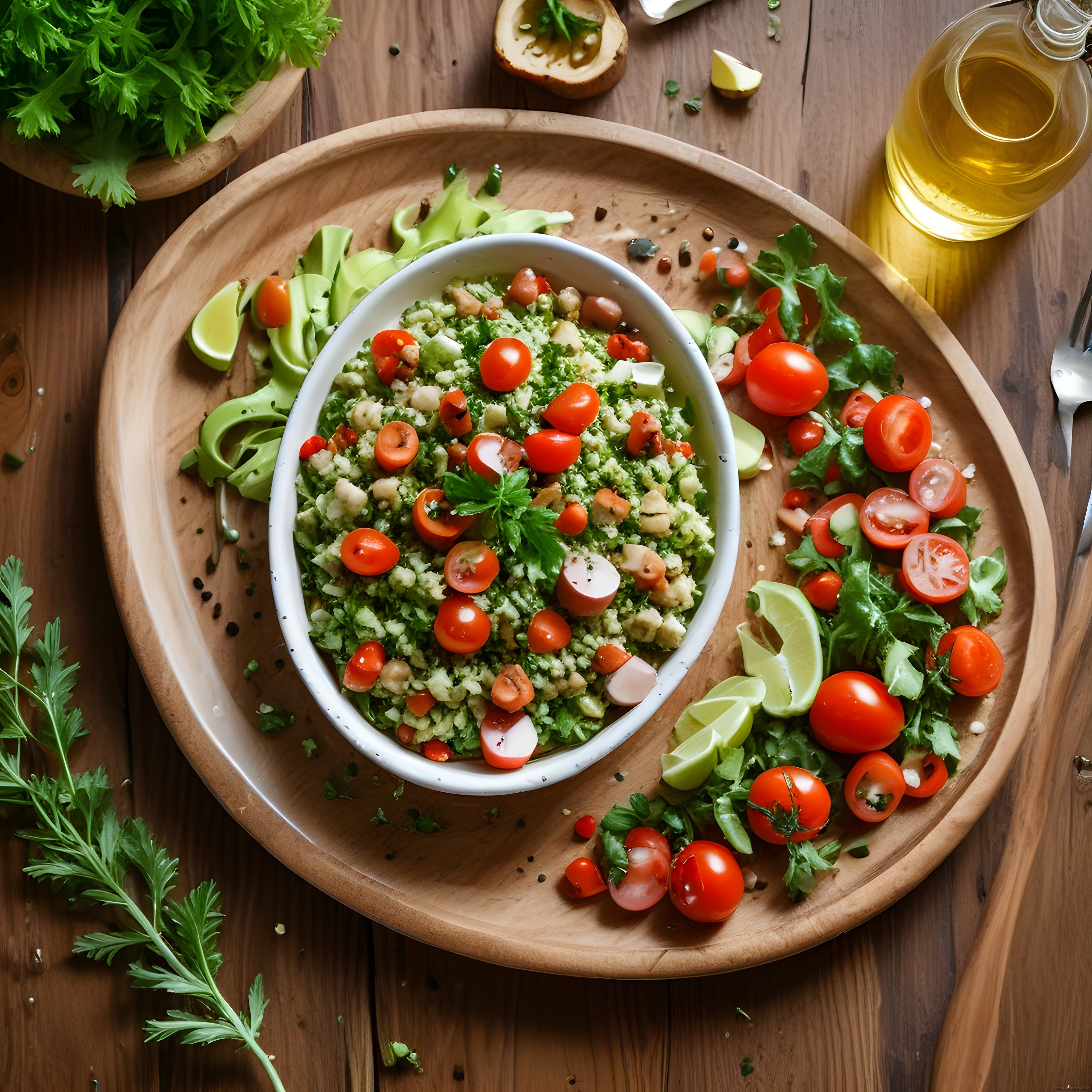 Ahşap Sunum Tahtasında Taze Sebzeli Avokadolu ve Limonlu Sağlıklı Salata