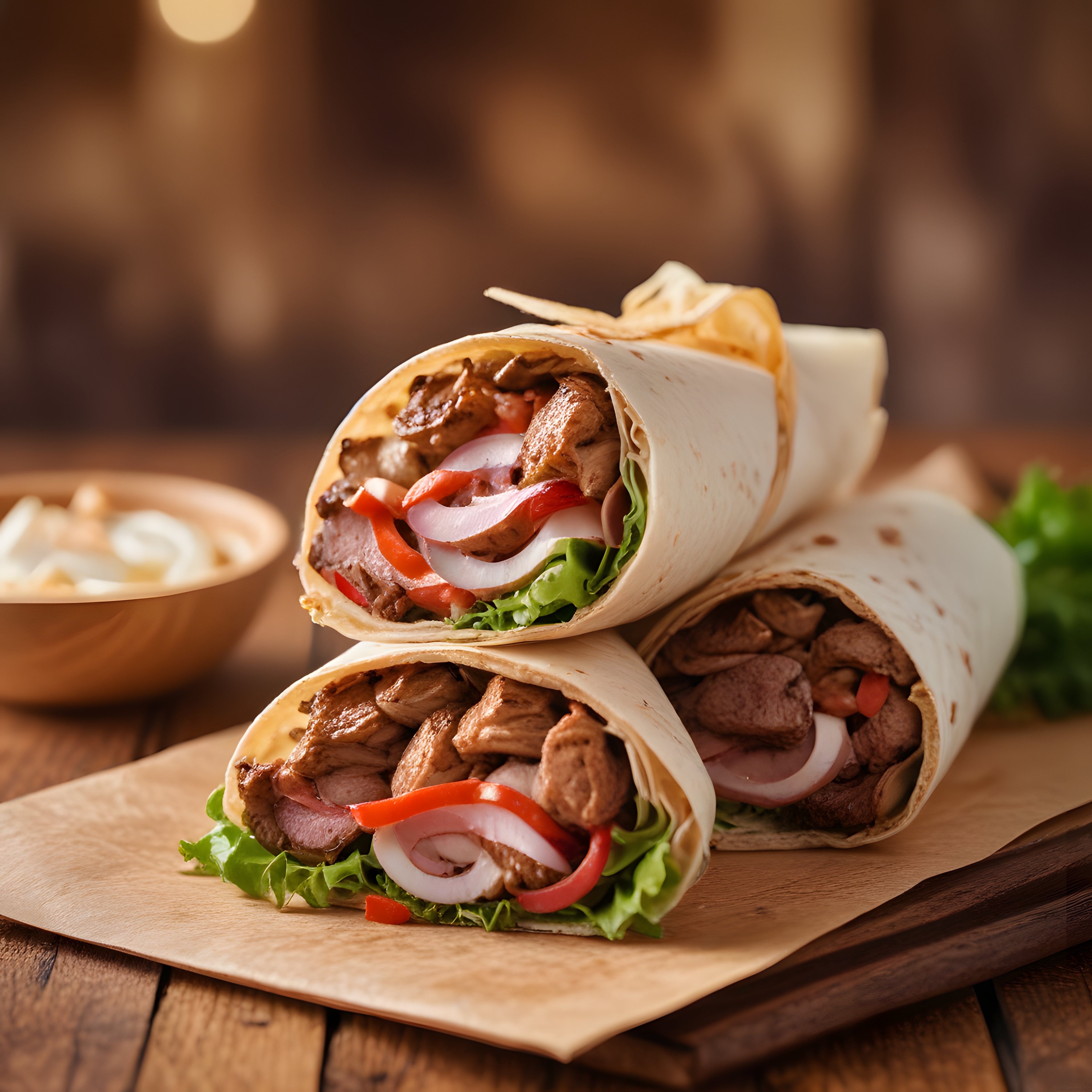 Ahşap Sunum Tahtasında Taze Sebzeli Lezzetli Et Dürüm ve Tavuk Wrap