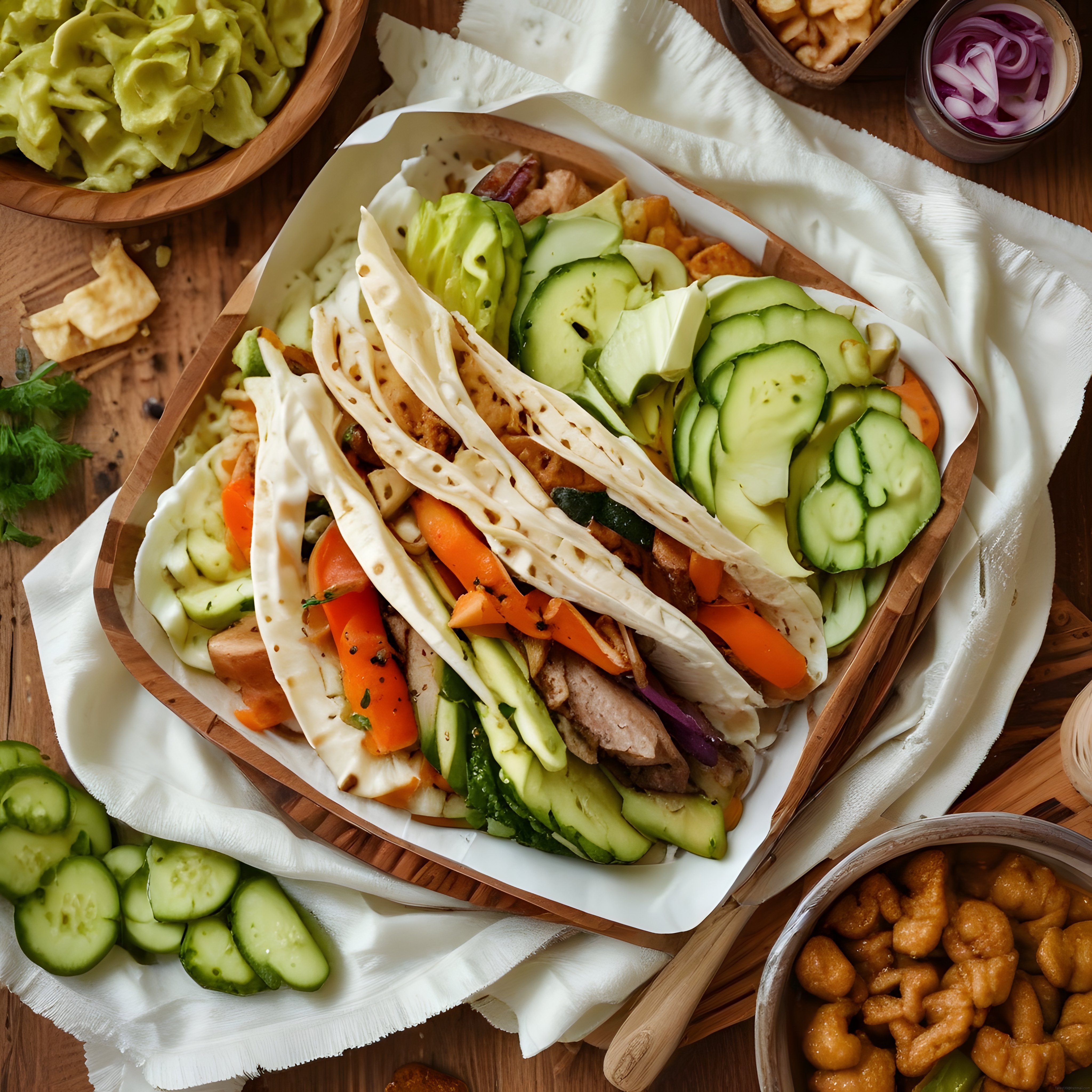 Ahşap Sunum Tahtasında Taze Sebzeli ve Avokadolu Meksika Tacos Tarifi