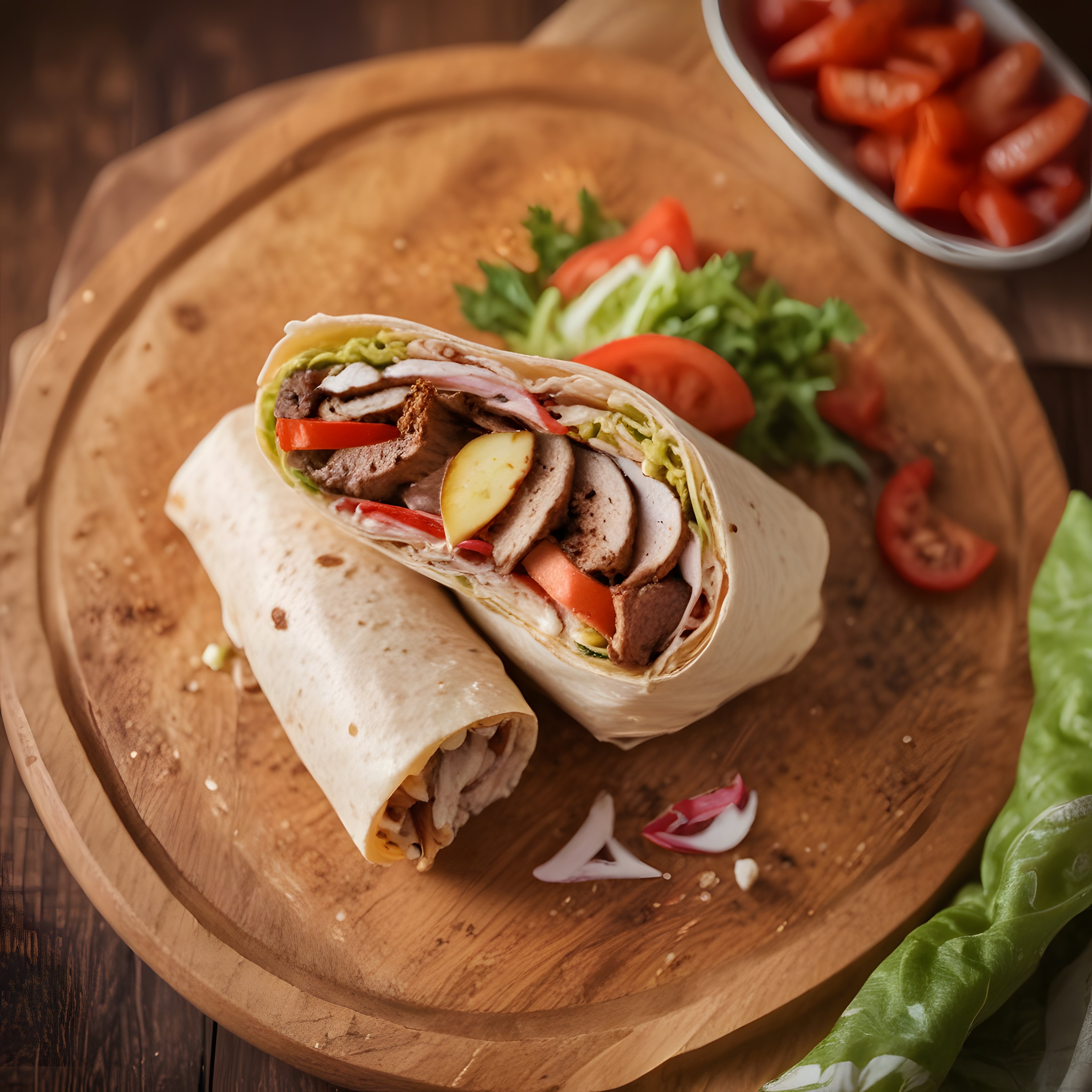 Ahşap Sunum Tahtasında Taze Sebzeli ve Izgara Etli Nefis Dürüm Wrap