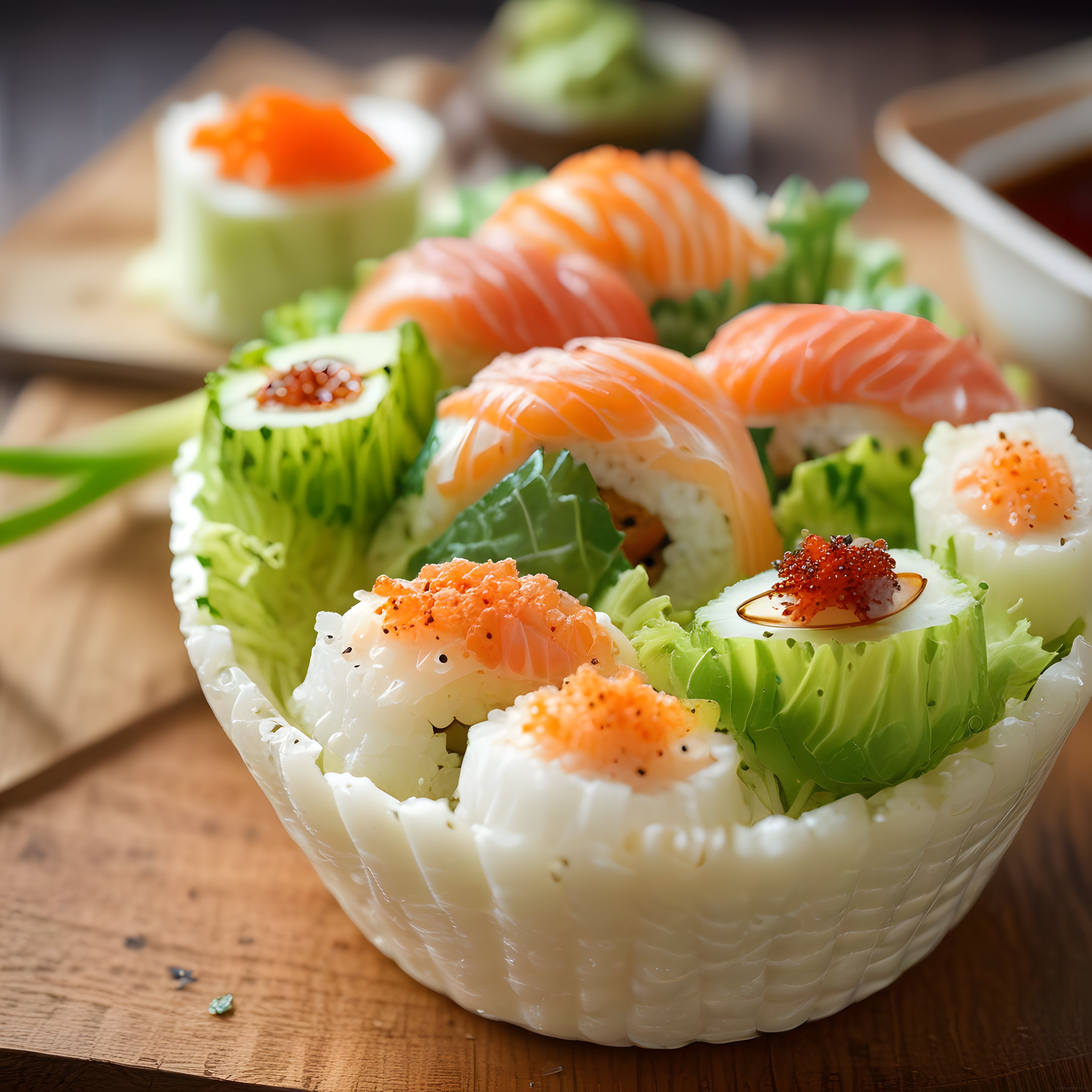 Ahşap sunum tahtasında taze somonlu sushi ve avokadolu çeşitleri