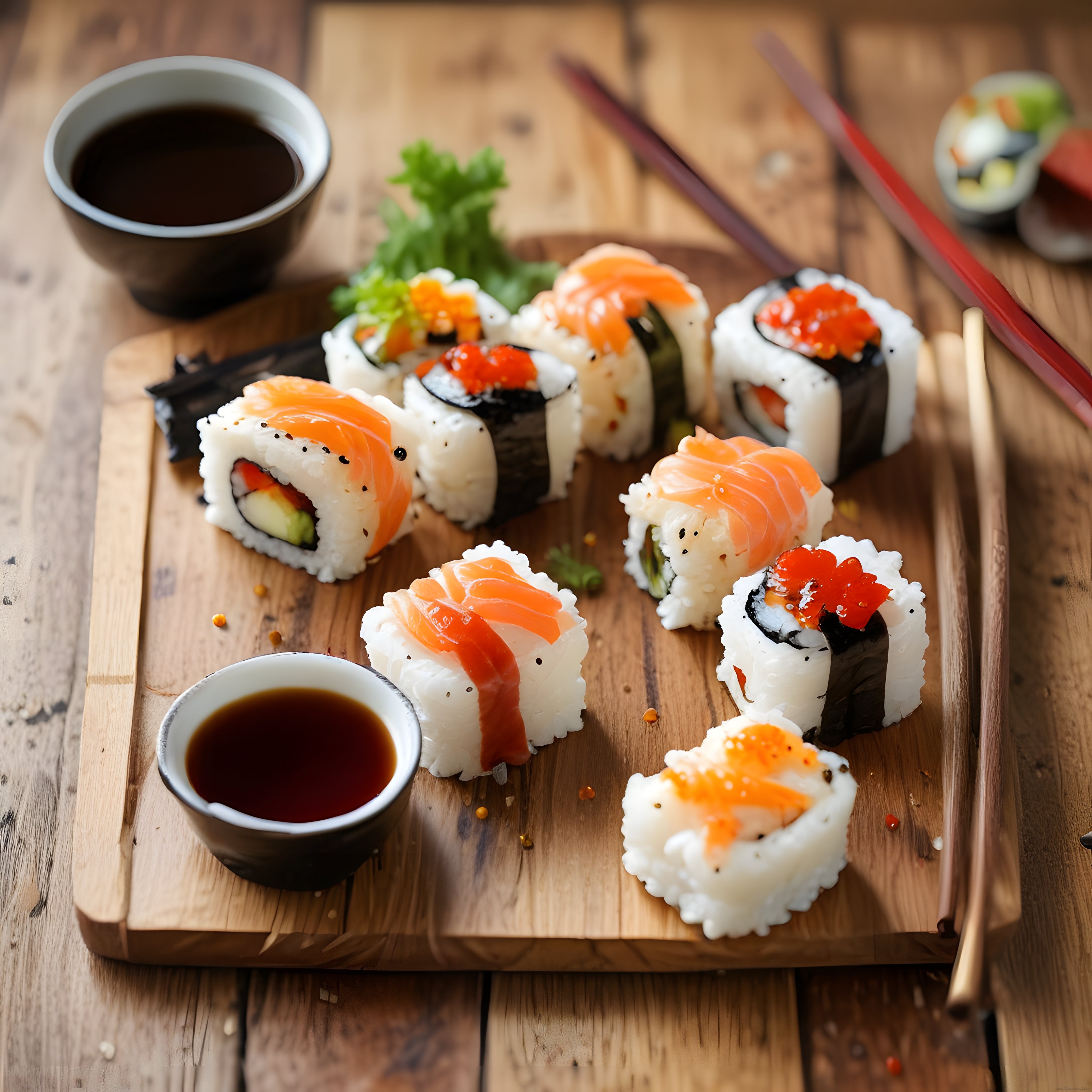 Ahşap Sunum Tahtasında Taze Somonlu Sushi ve Havyarlı Rulolar