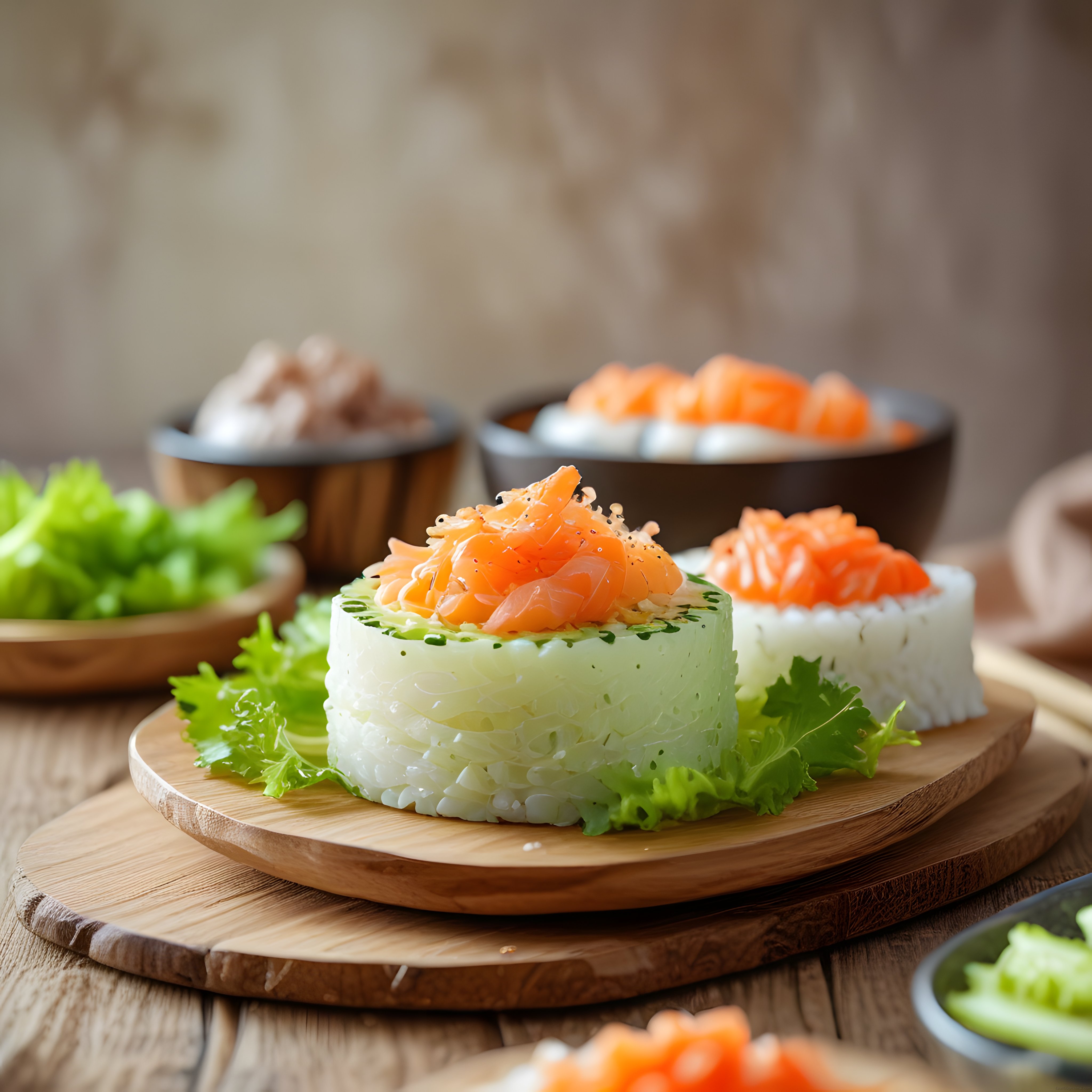 Ahşap Sunum Tahtasında Taze Somonlu Sushi ve Japon Mutfağı Sunumu
