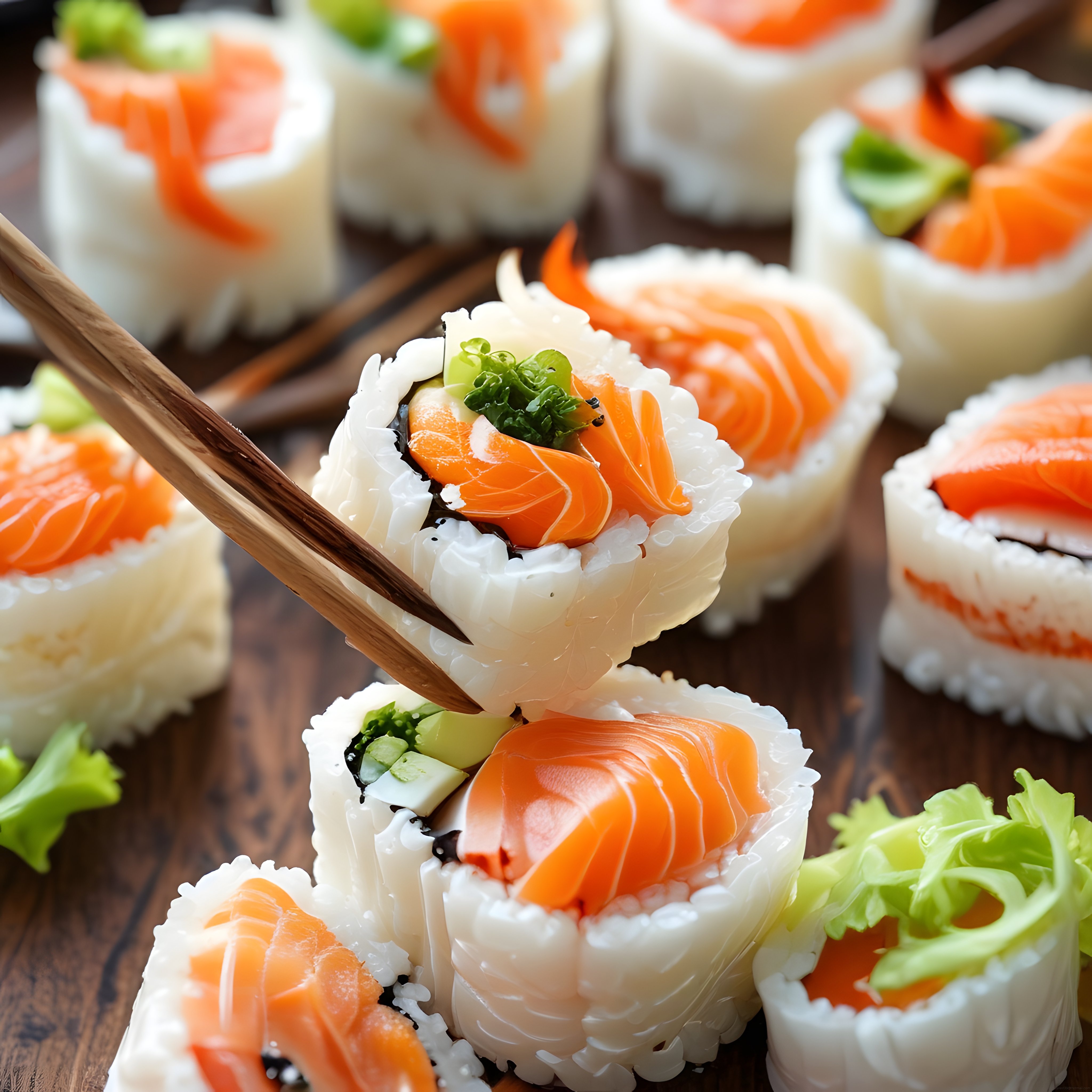 Ahşap Sunum Tahtasında Taze Somonlu Sushi ve Maki Çeşitleri