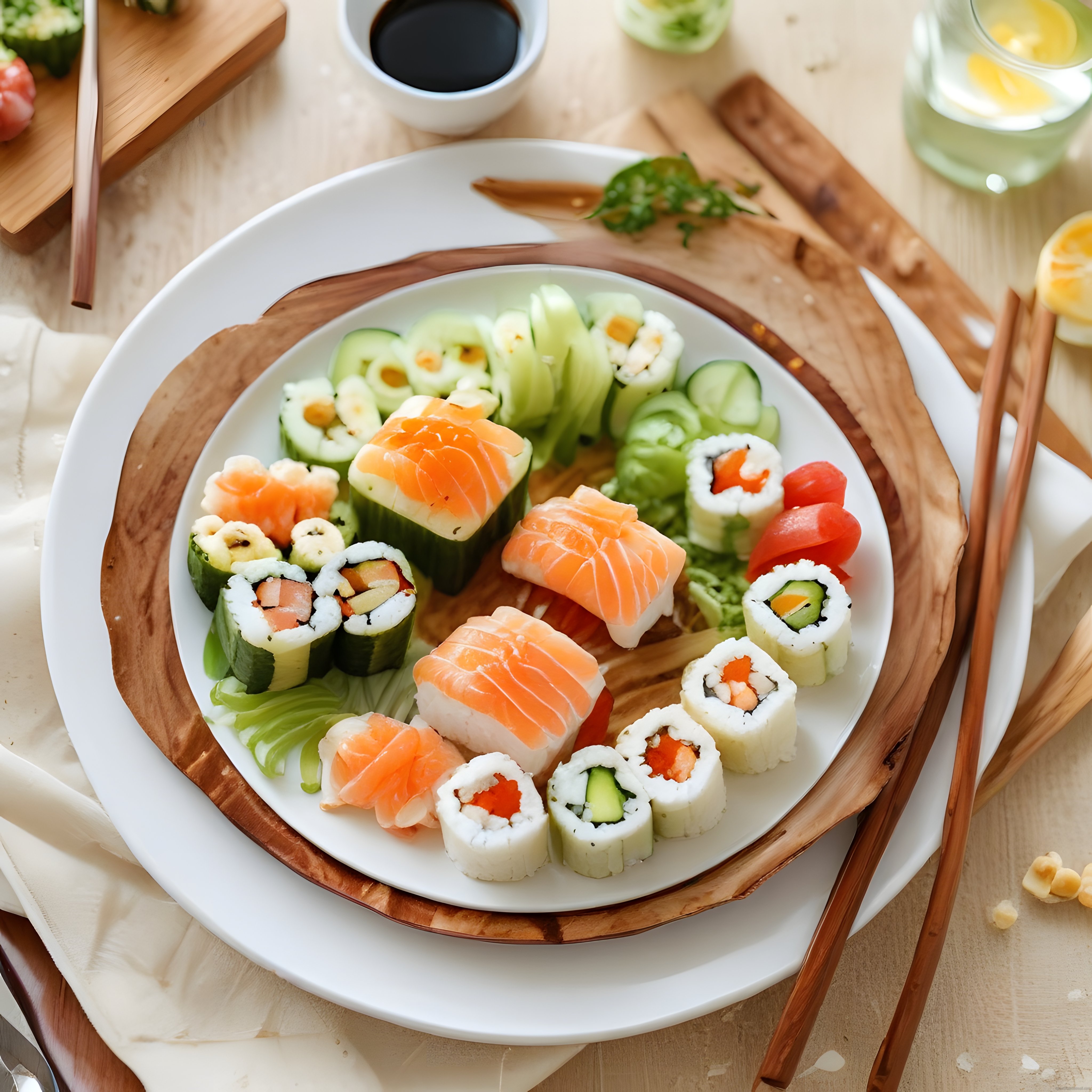 Ahşap sunum tahtasında taze somonlu sushi ve makilerle hazırlanan şık japon sofrası