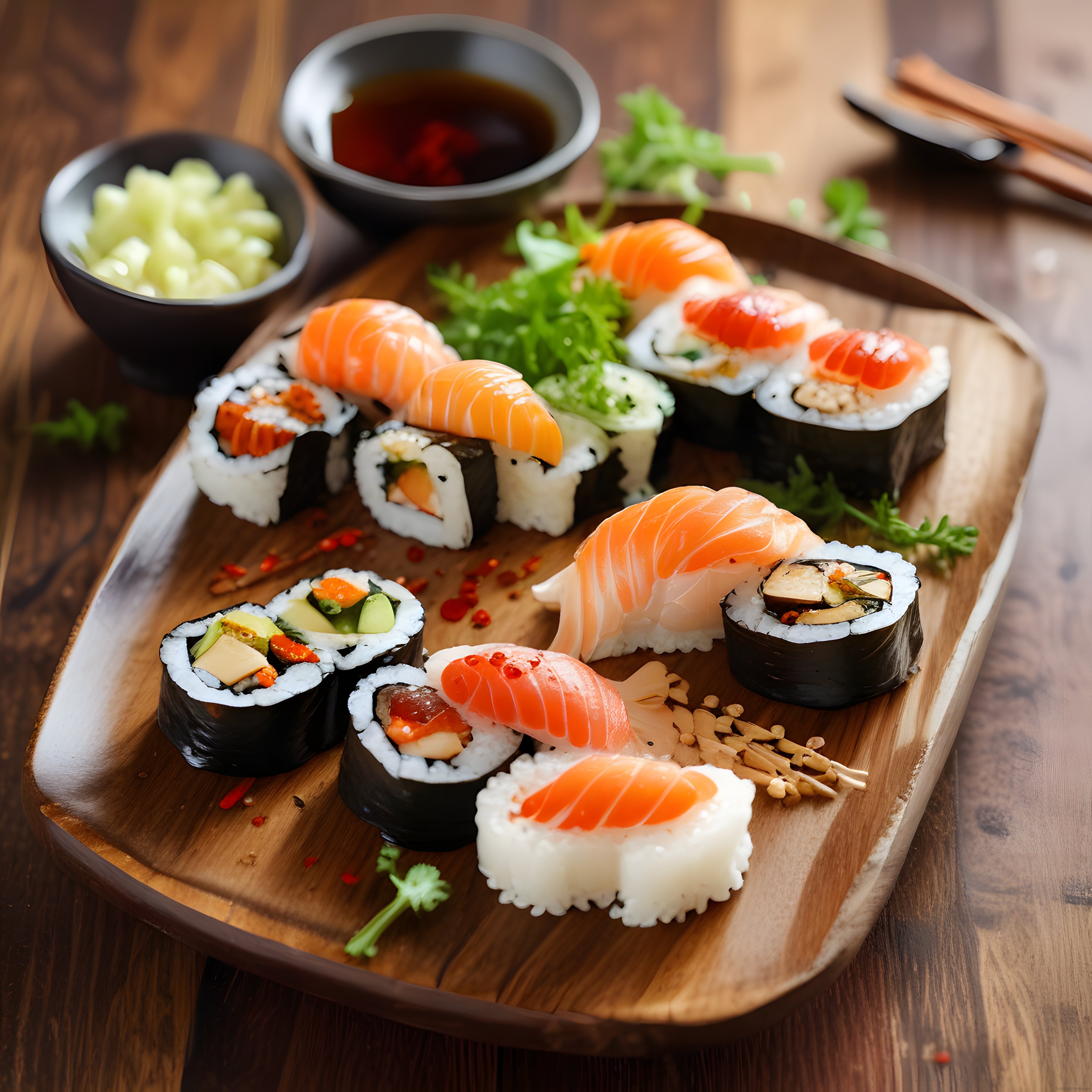 Ahşap Sunum Tahtasında Taze Somonlu ve Avokadolu Çeşitli Sushi Tabakları