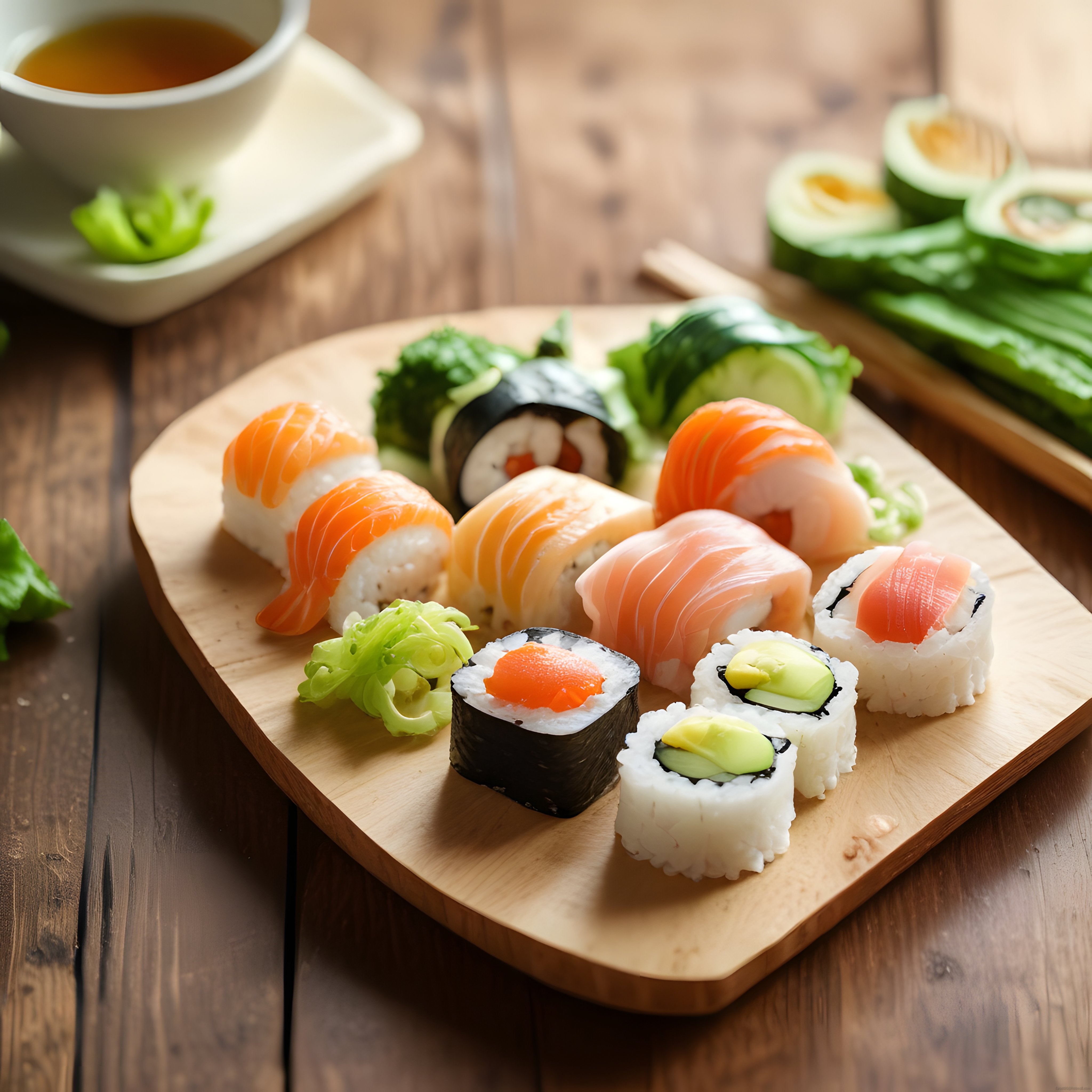 Ahşap Sunum Tahtasında Taze Somonlu ve Avokadolu Çeşitli Sushi
