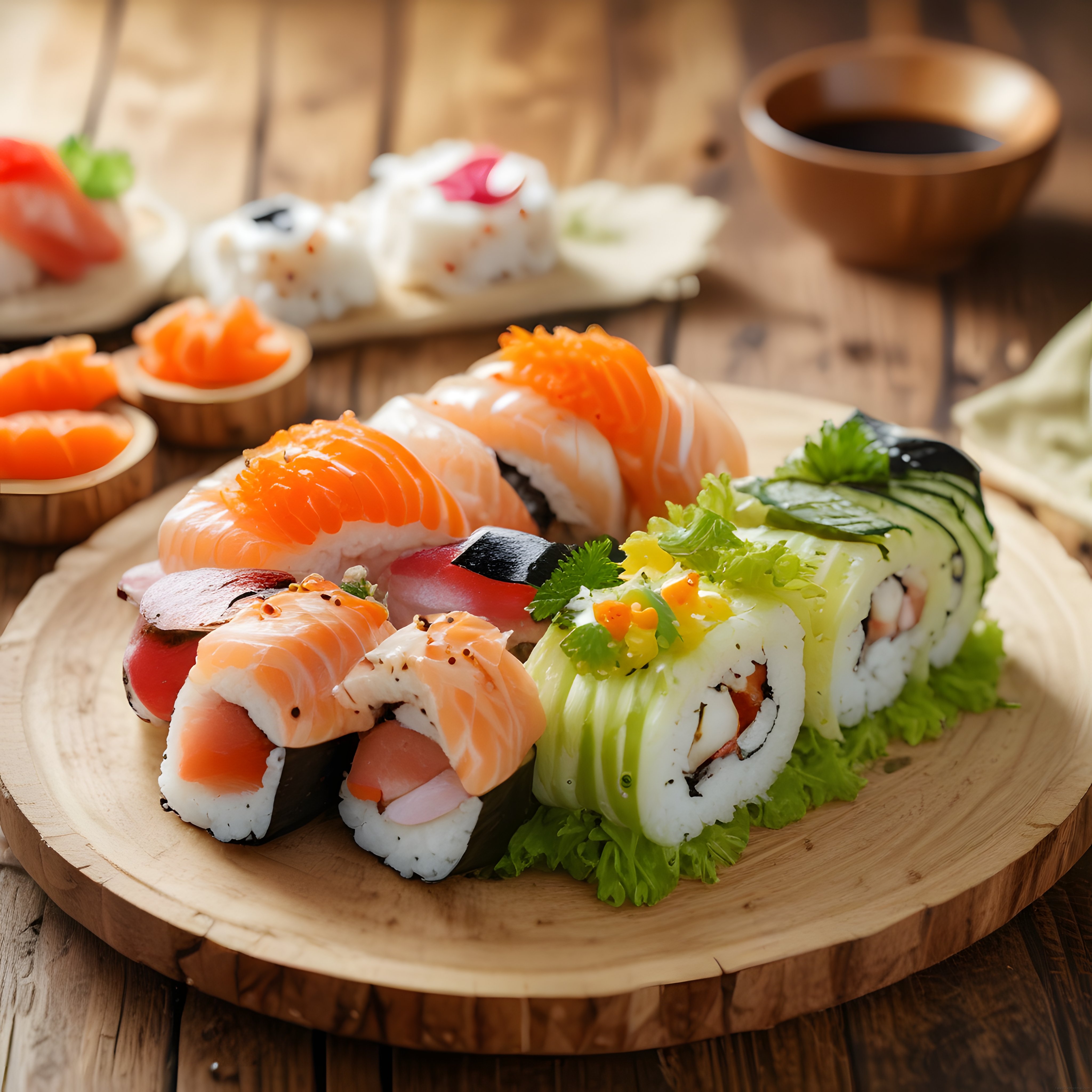 Ahşap Sunum Tahtasında Taze Somonlu ve Avokadolu Sushi Çeşitleri