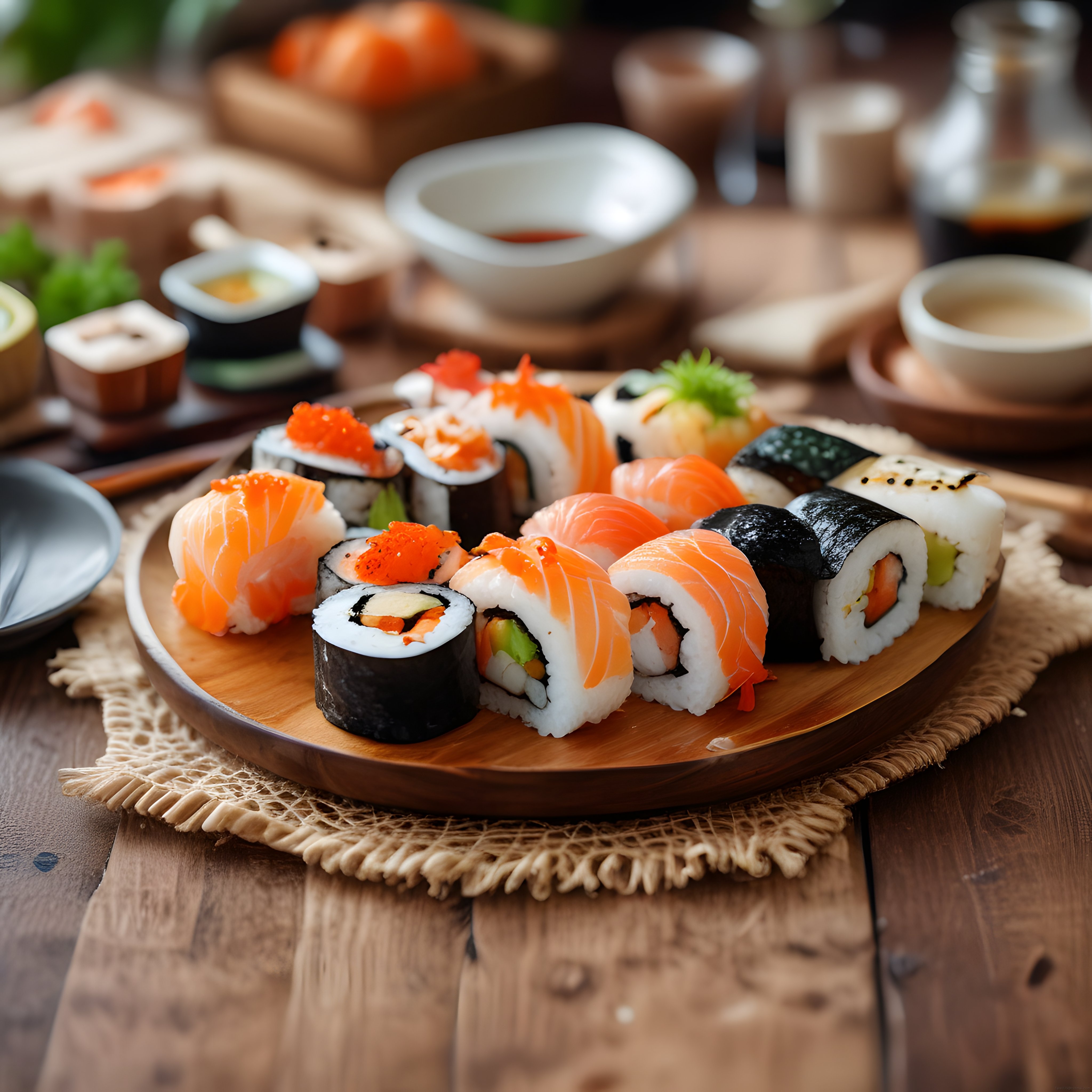 Ahşap Sunum Tahtasında Taze Somonlu ve Havyarlı Sushi Çeşitleri