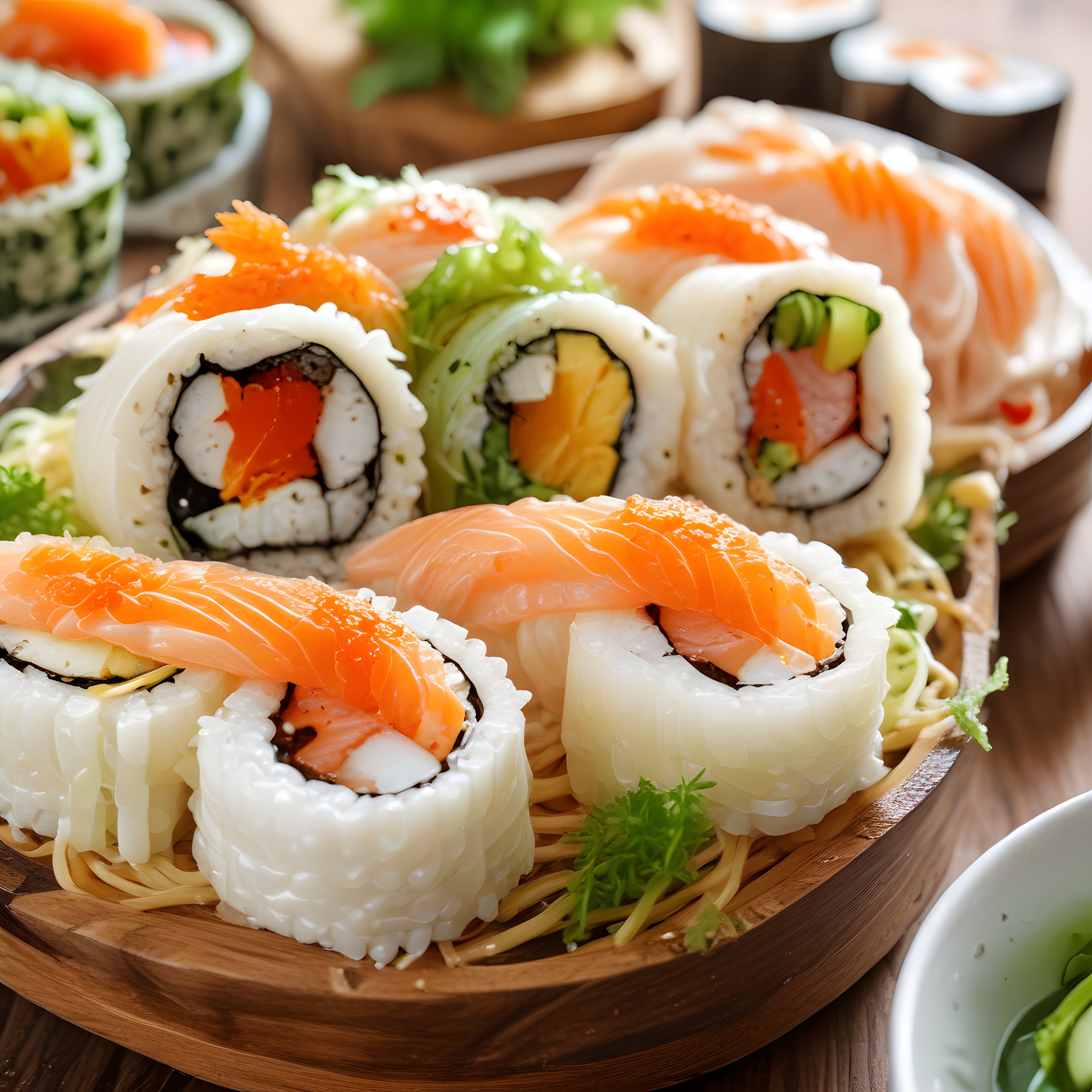 Ahşap Sunum Tahtasında Taze Somonlu ve Karidesli Sushi Çeşitleri