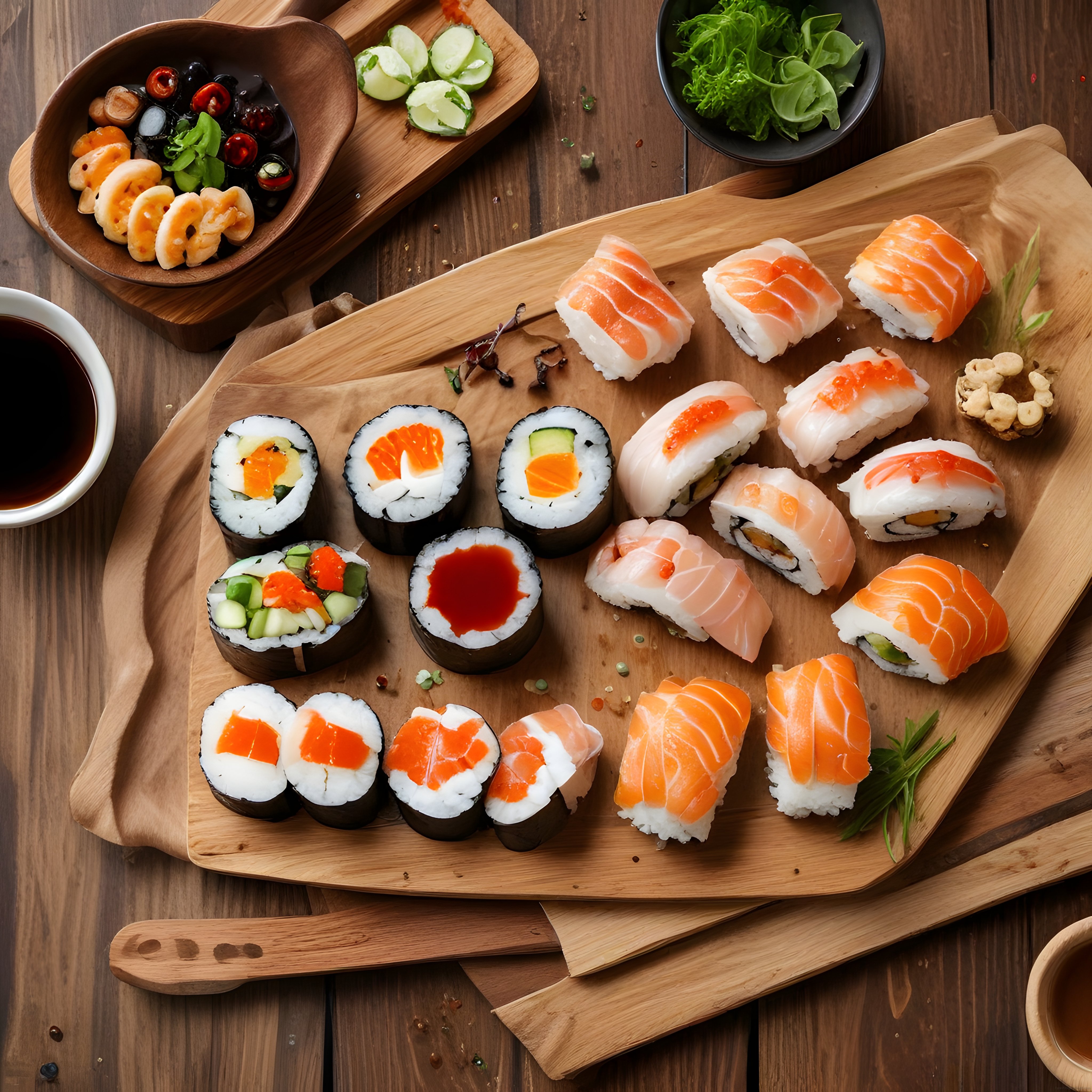 Ahşap Sunum Tahtasında Taze Somonlu ve Sebzeli Çeşitli Sushi Çeşitleri