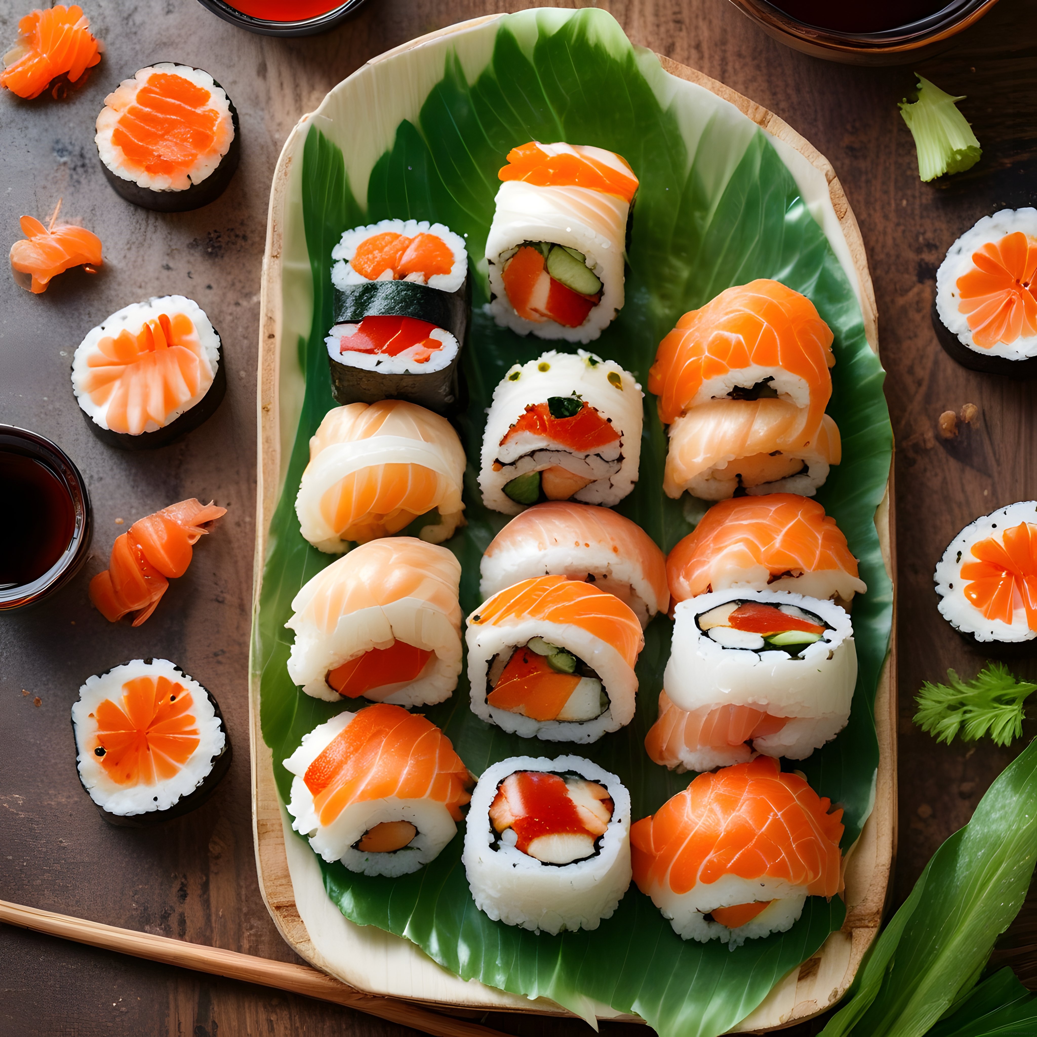 Ahşap Sunum Tahtasında Taze Somonlu ve Sebzeli Karışık Sushi Tabak