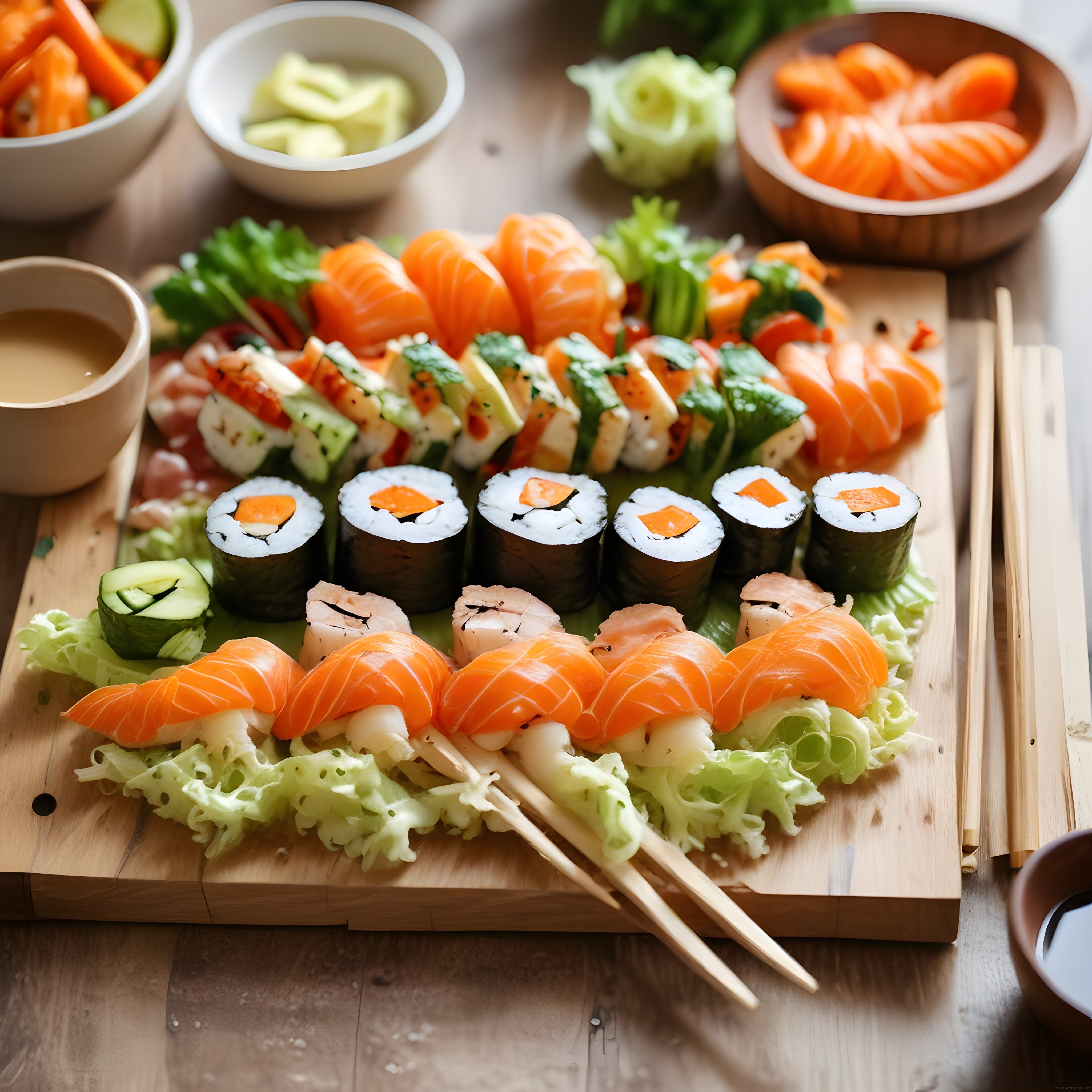 Ahşap Sunum Tahtasında Taze Somonlu ve Sebzeli Sushi Çeşitleri ile Japon Mutfak Keyfi