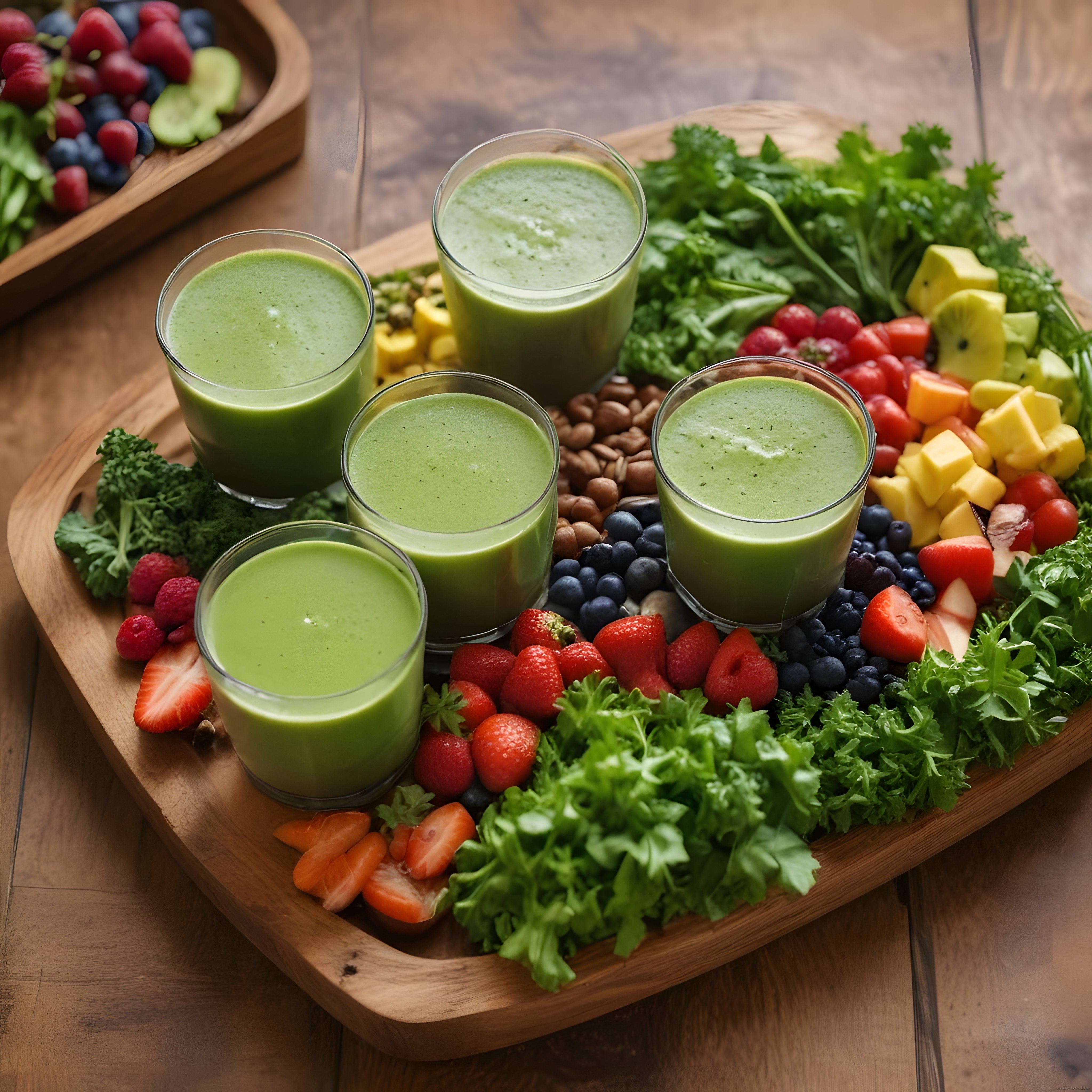 Ahşap sunum tahtasında taze yeşil smoothie kadehleri ve renkli meyveler