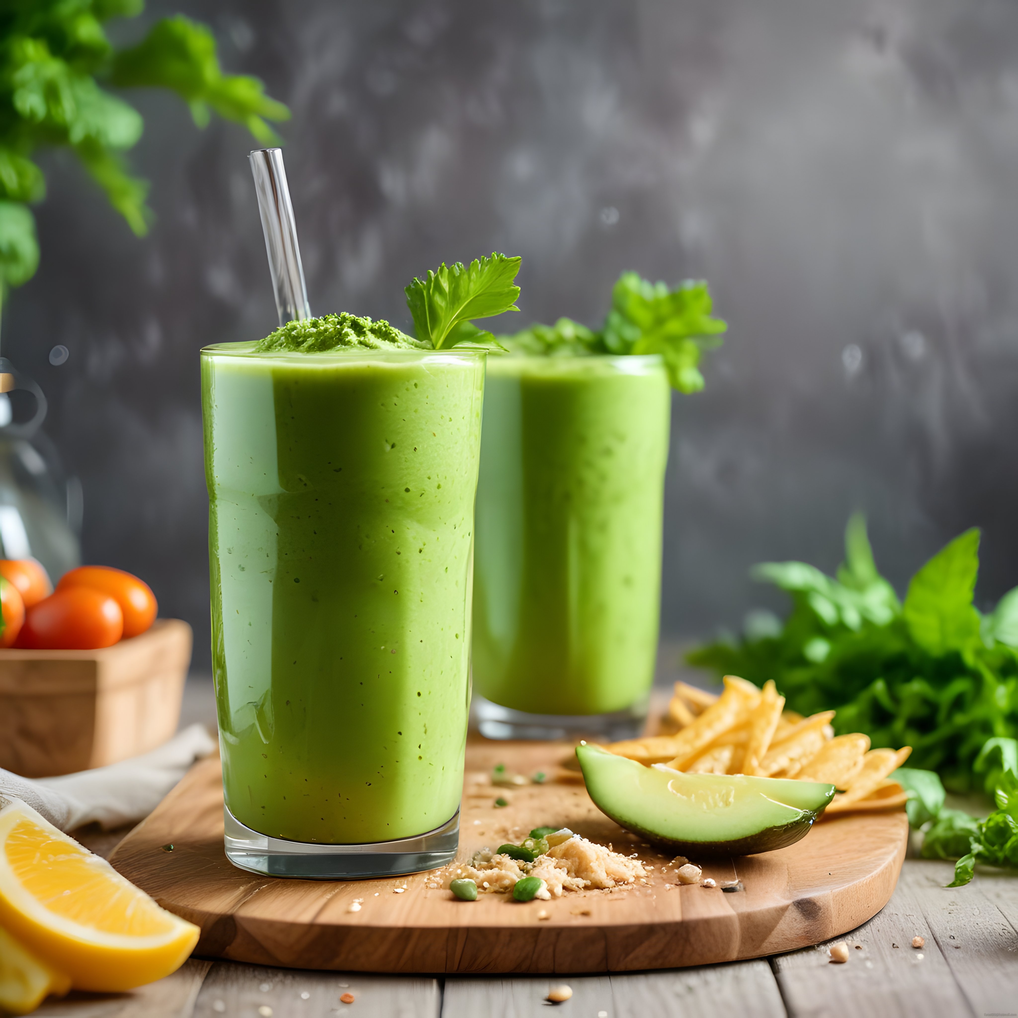 Ahşap Sunum Tahtasında Taze Yeşil Smoothie ve Avokadolu Sağlıklı İçecek