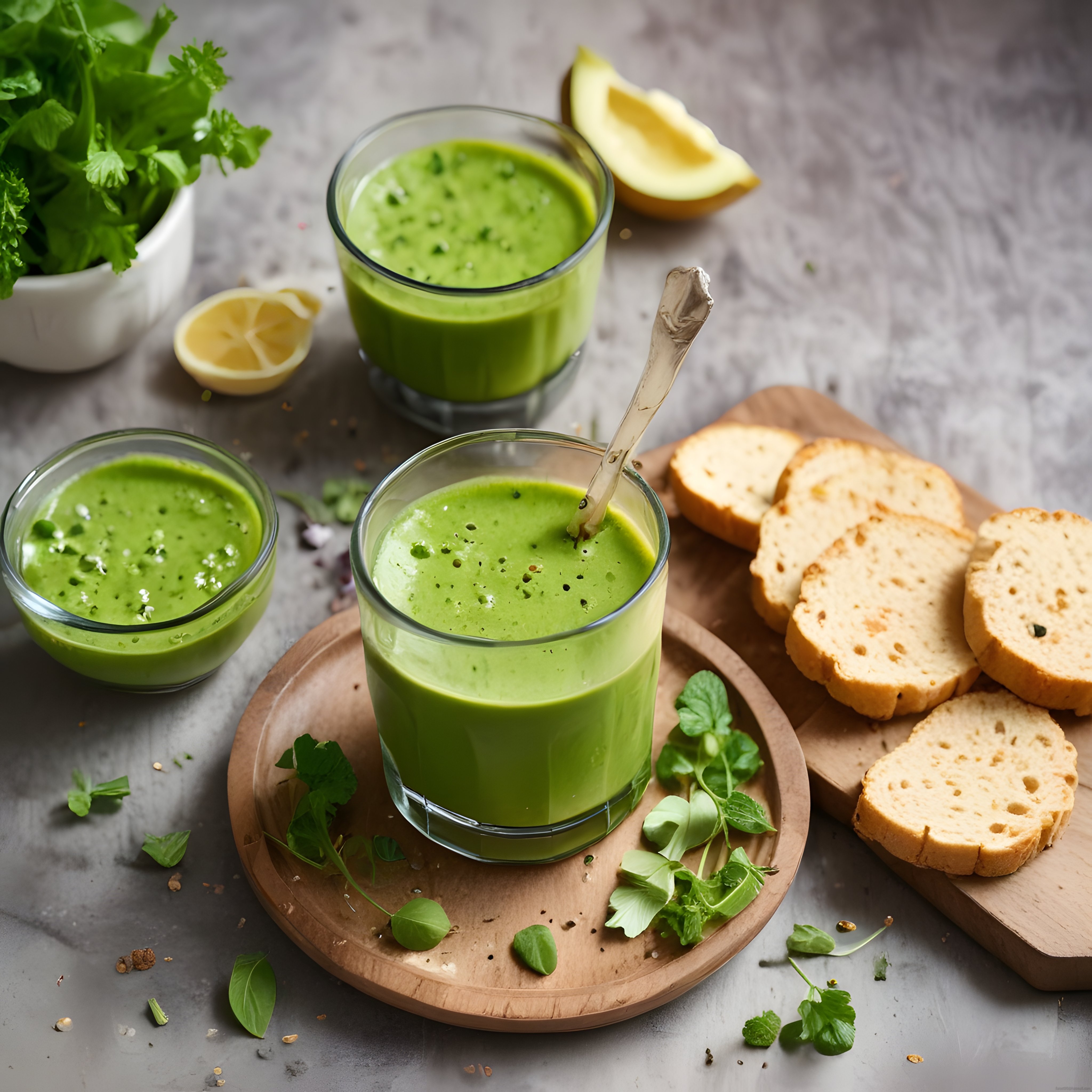 Ahşap Sunum Tahtasında Taze Yeşil Smoothie ve Kızarmış Ekmek Dilimleri