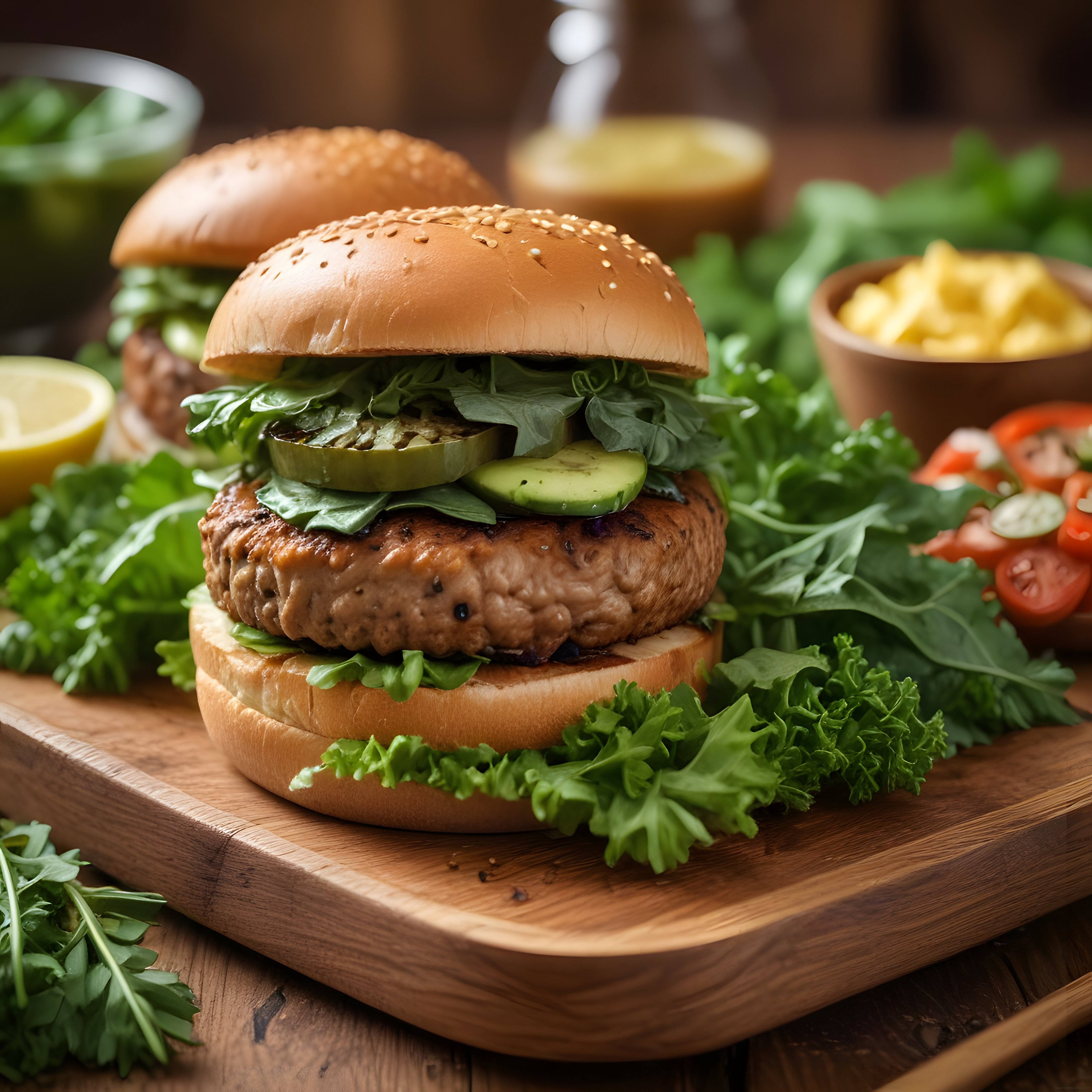 Ahşap Sunum Tahtasında Taze Yeşilliklerle Susamlı Ekmek Arasında Izgara Burger