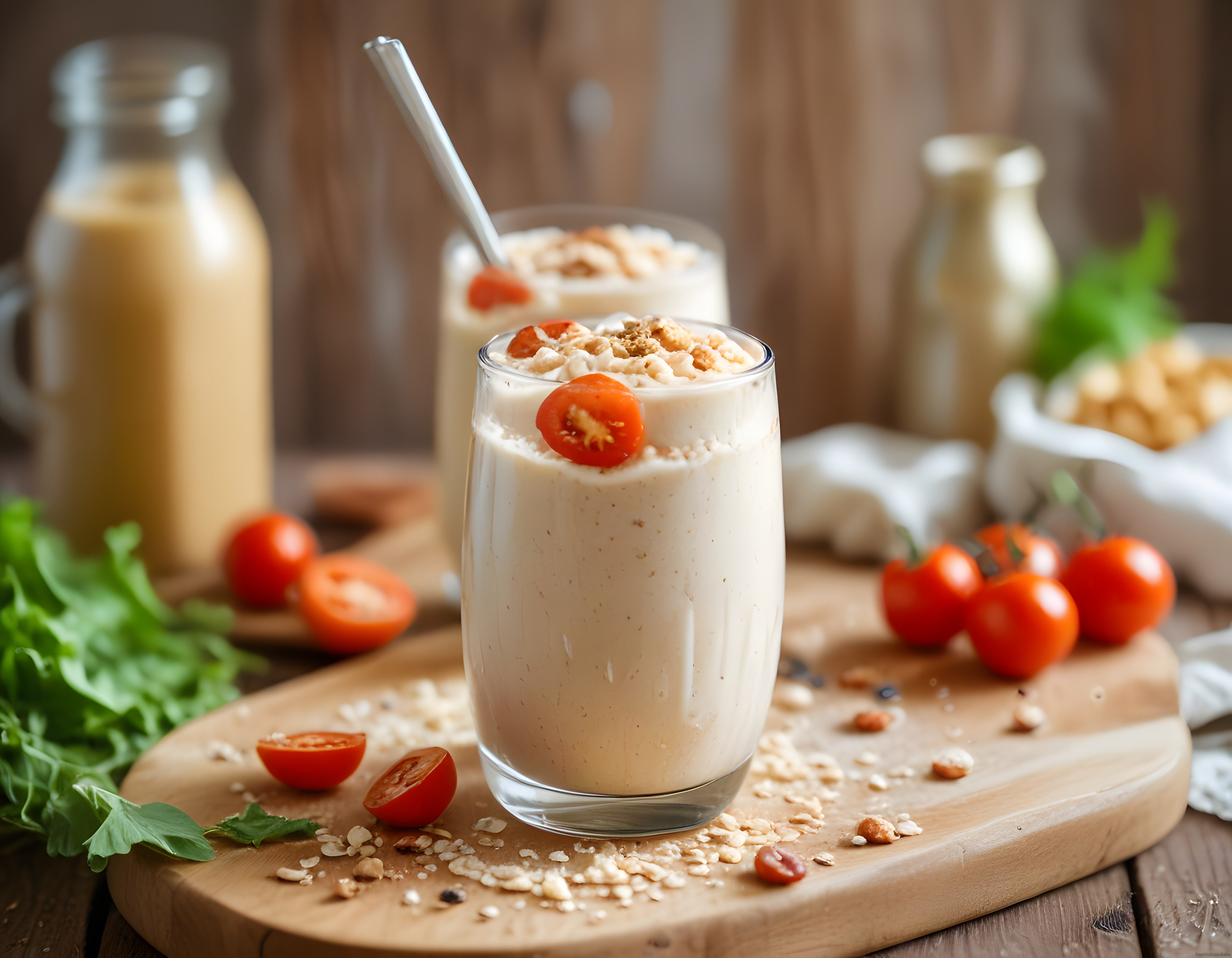Ahşap Sunum Tahtasında Taze Yeşillikli ve Cevizli Sağlıklı Smoothie