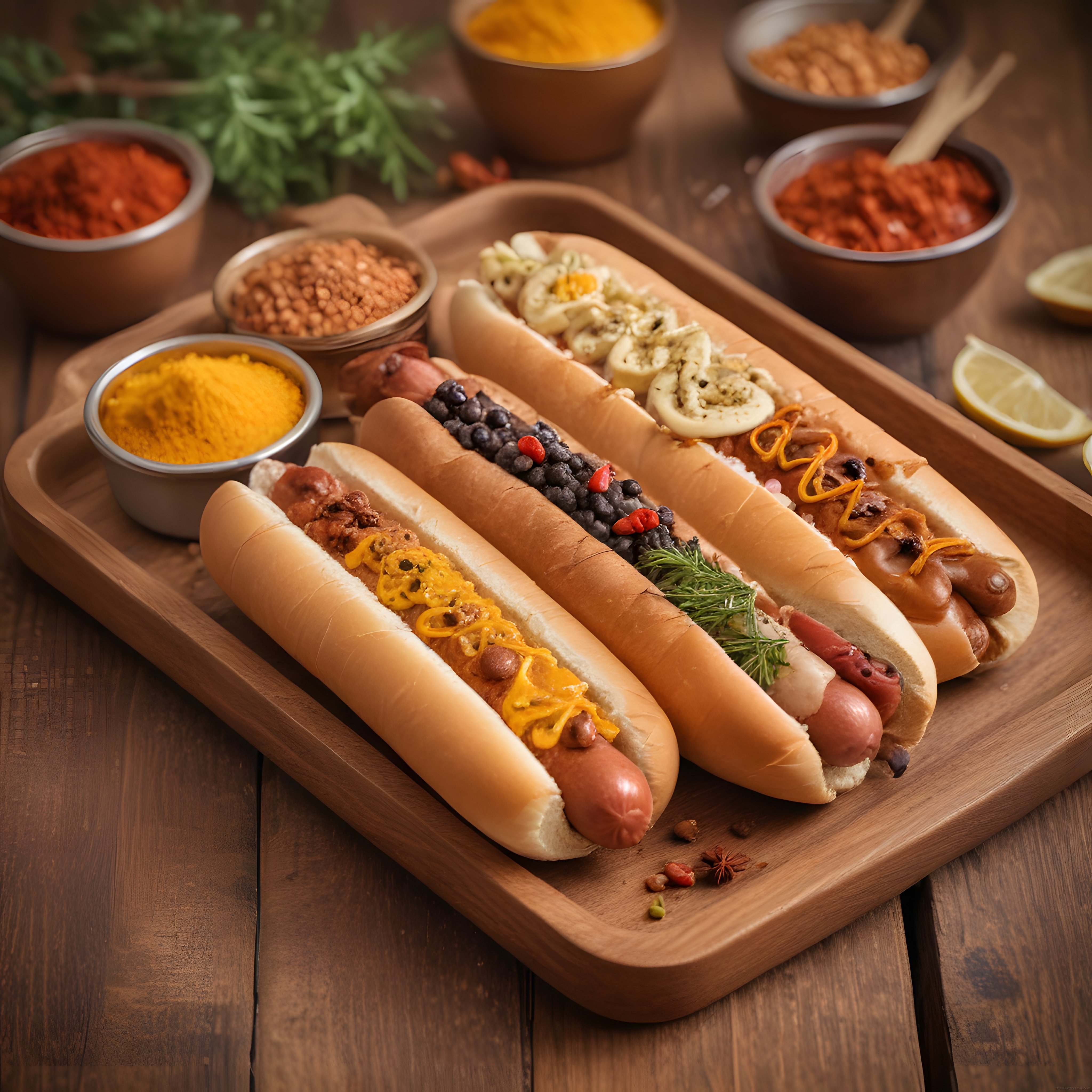 Ahşap Sunum Tahtasında Üç Farklı Lezzetle Hazırlanmış Gourmet Hot Dog Çeşitleri